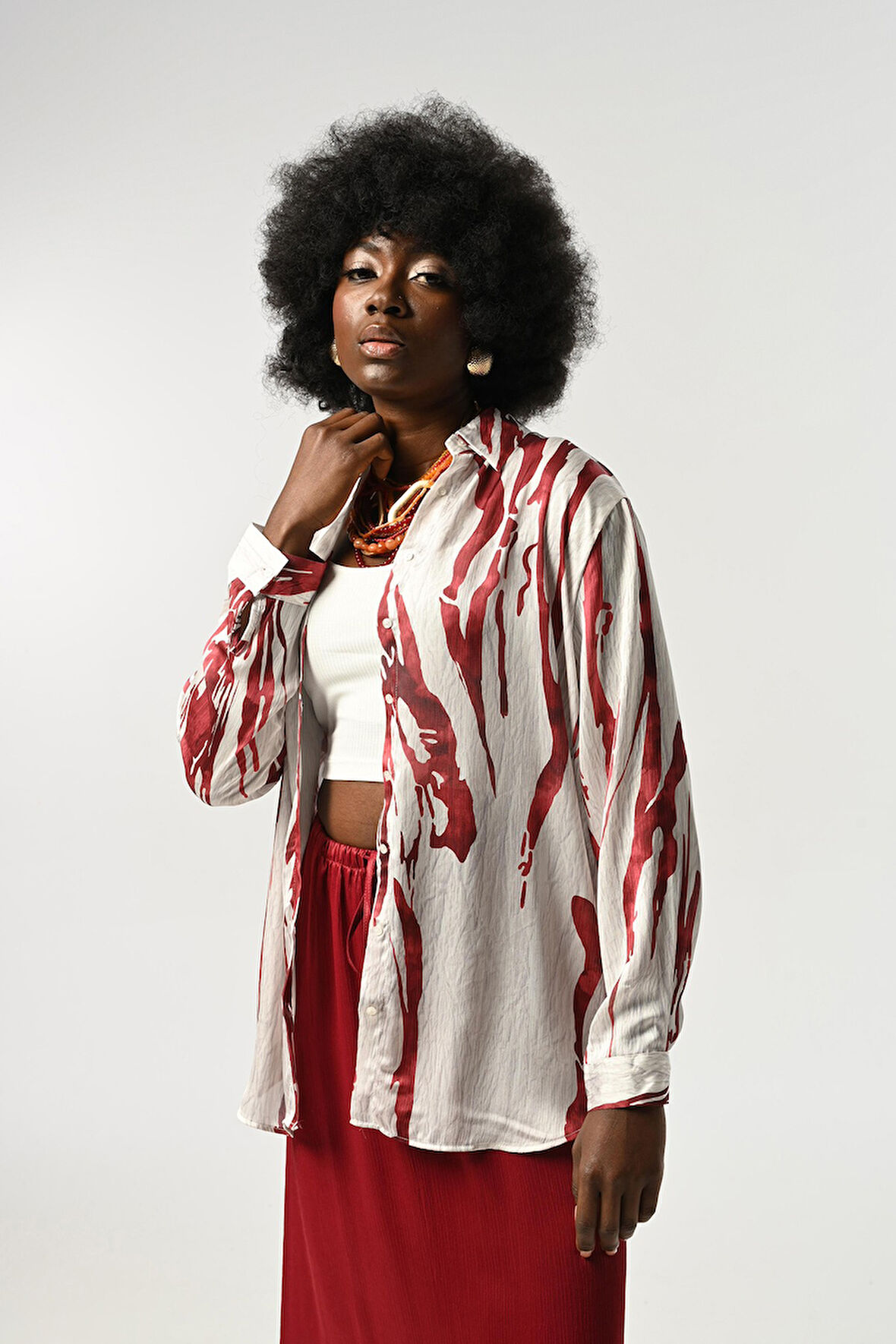 KADIN ŞERİT DESENLİ OVERSİZE KESİM GÖMLEK