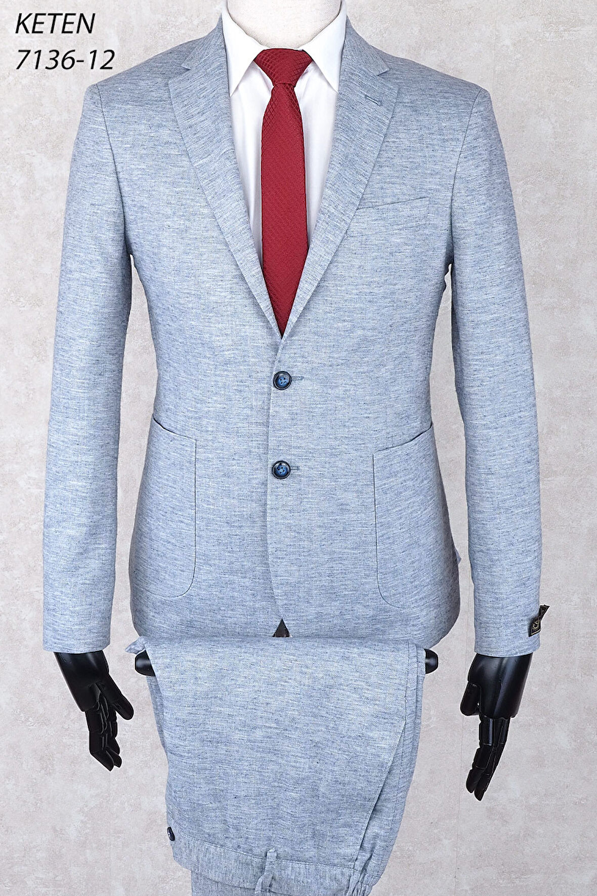 Keten Torba Cep İpli Lastikli Pantolon  Slim Fit Mono Yaka-Çift Yırtmaç Astarsız Drop 6  Takım Elbise