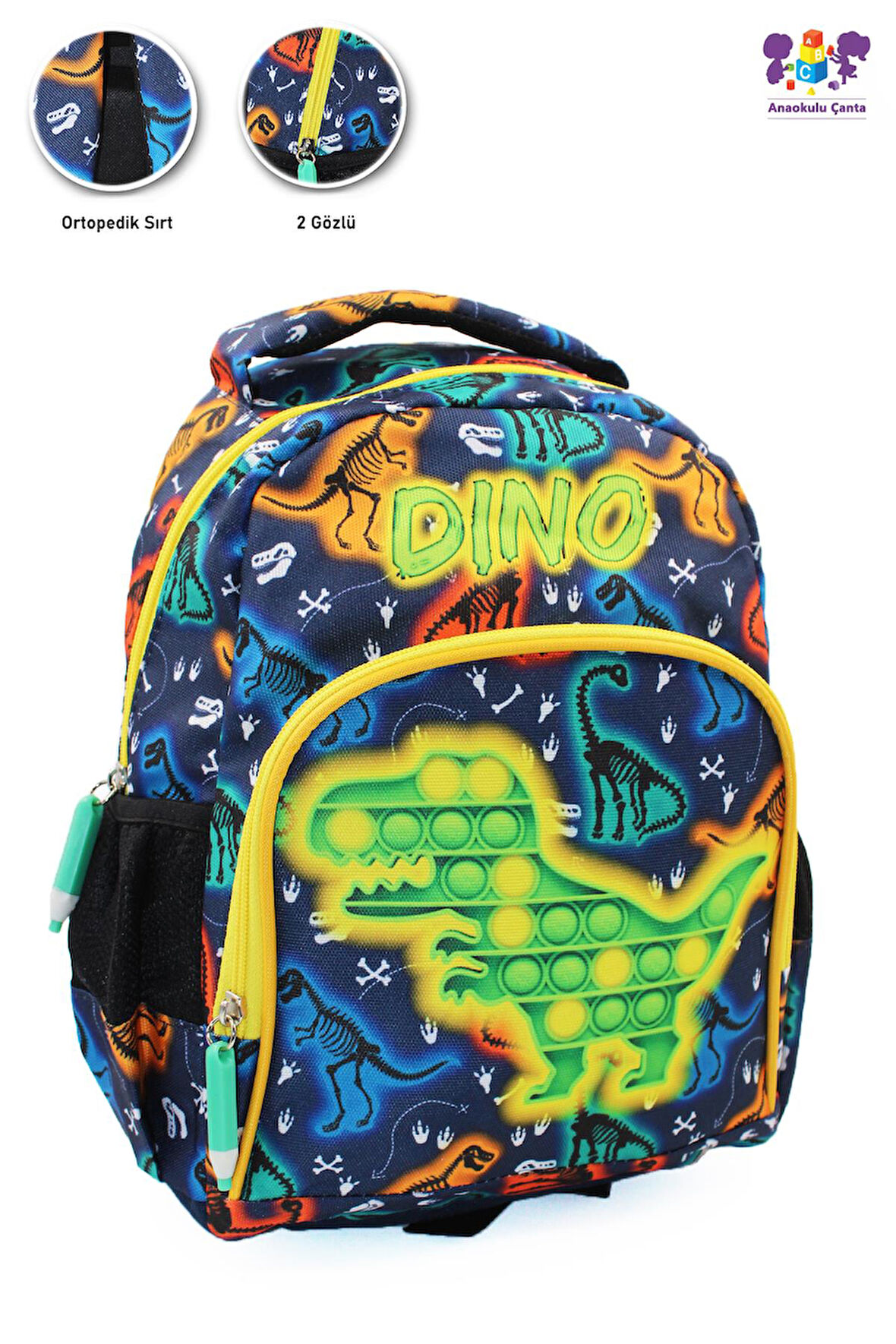 2 Gözlü Pop Dino Anaokulu Çantası - Erkek Çocuk Çanta Kreş Çantası - Dinozor Çanta