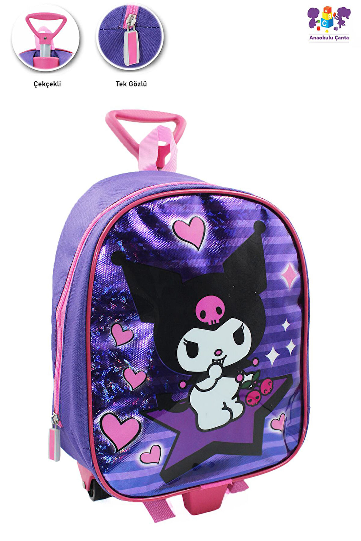 Parlak Kuromi Çekçekli Anaokulu Çantası - Çocuk Çanta - Kreş Çantası - Kuromi Çanta