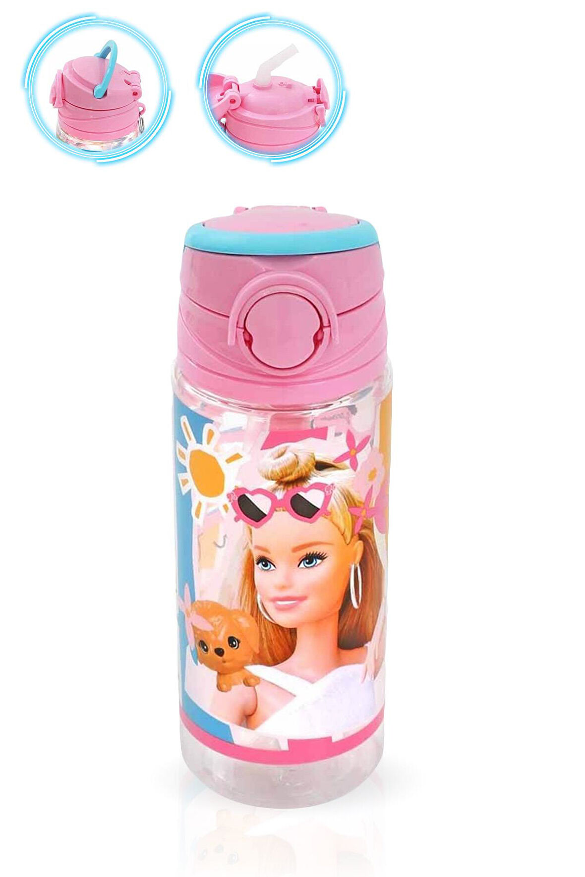 Pembe Barbie Şeffaf Matara 500ML - Çocuk Suluk, Matara, Suluk Pipetli Suluk, Askılı Suluk