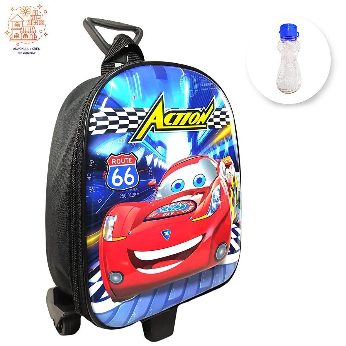 Çekçekli Action Cars Anaokulu Çantası + Suluk- Cars Çanta - Erkek Çanta