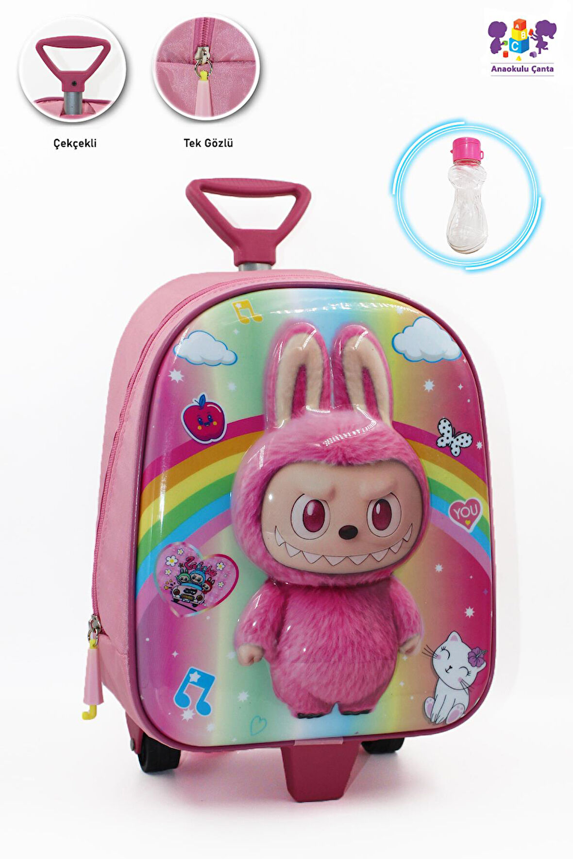 Bulut Labubu Çekçekli Anaokulu Çantası + Suluk - Çocuk Çanta - Kreş Çantası - Labubu Çanta