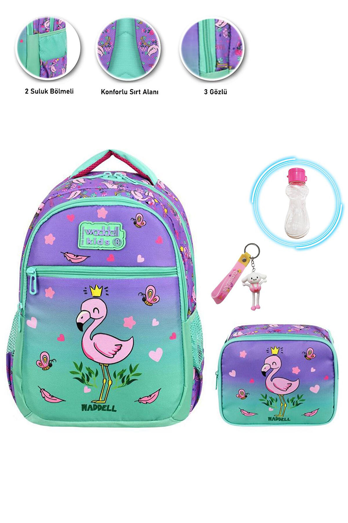 Smile Flamingo Okul Çantası + Beslenme + Suluk + Anahtarlık - İlkokul Çantası Kız Okul Çantası