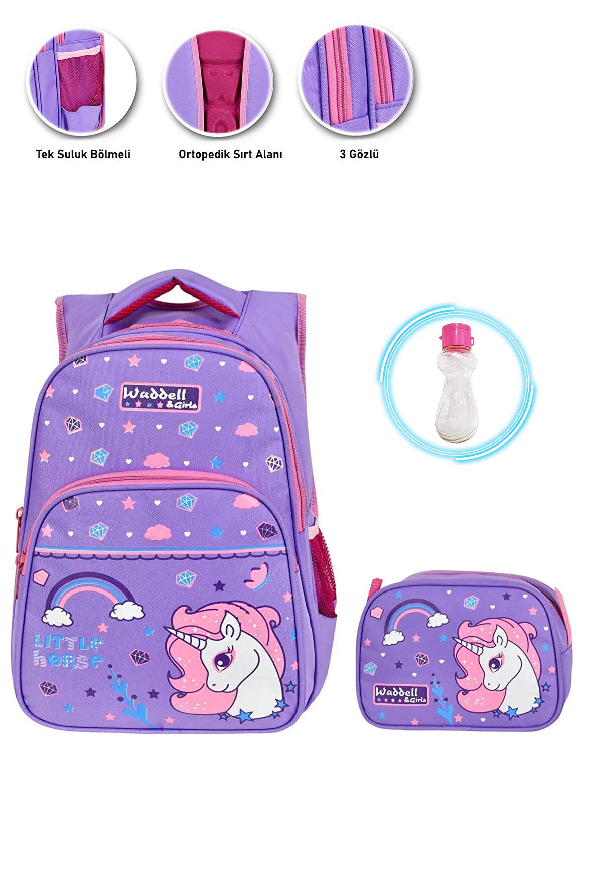 Lila Kristal Unicorn Okul Çantası + Beslenme Unicorn Çanta İlkokul Çantası Sırt Çantası Atcık Çanta