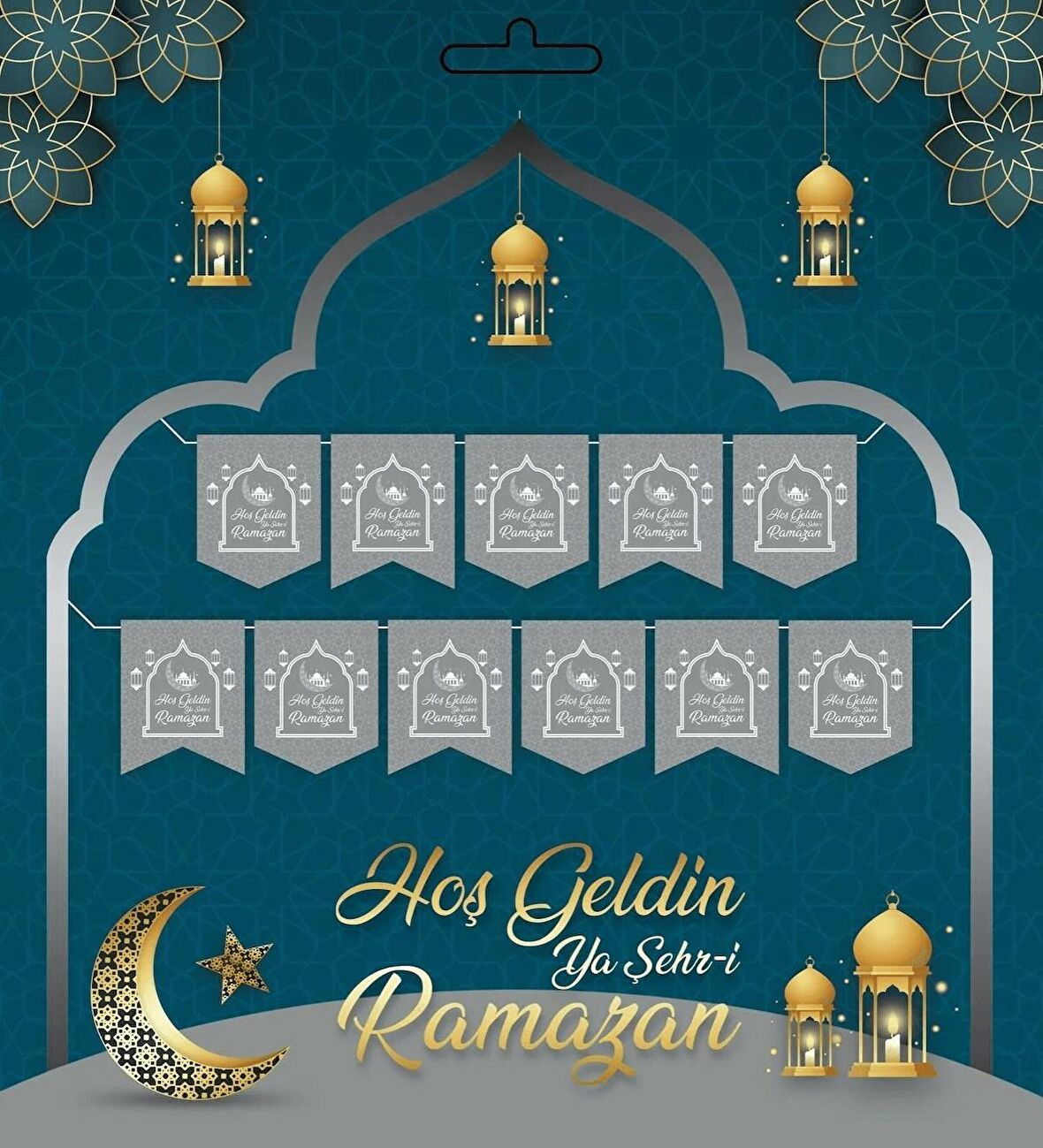 Gümüş 230 cm Hoşgeldin Ya Şehri Ramazan Banner - Hoşgeldin Ramazan Banner Ramazan Süsleri