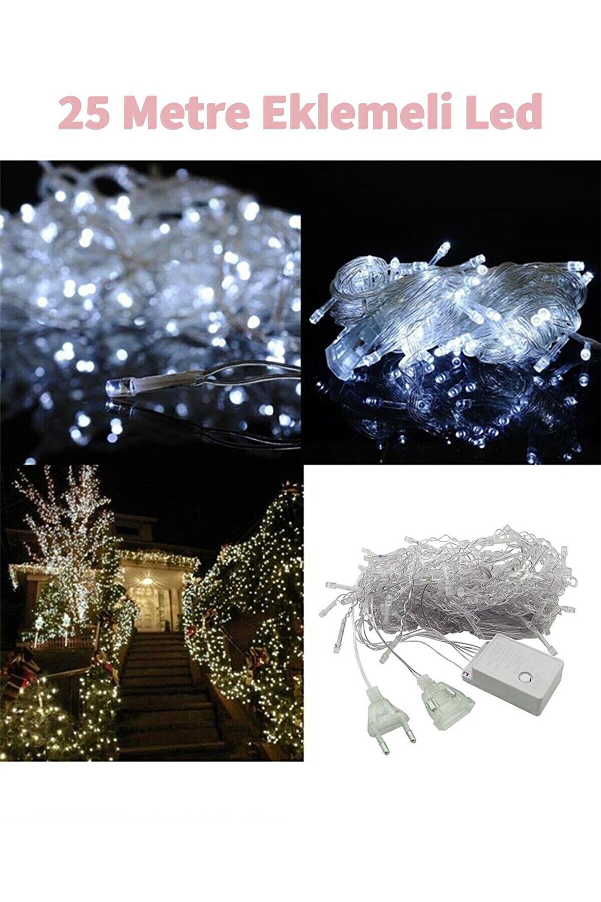 Fonksiyonlu Beyaz 25 Metre Dekor Led - Çam Ağacı Süsü Yılbaşı Süsü - Pirinç Led