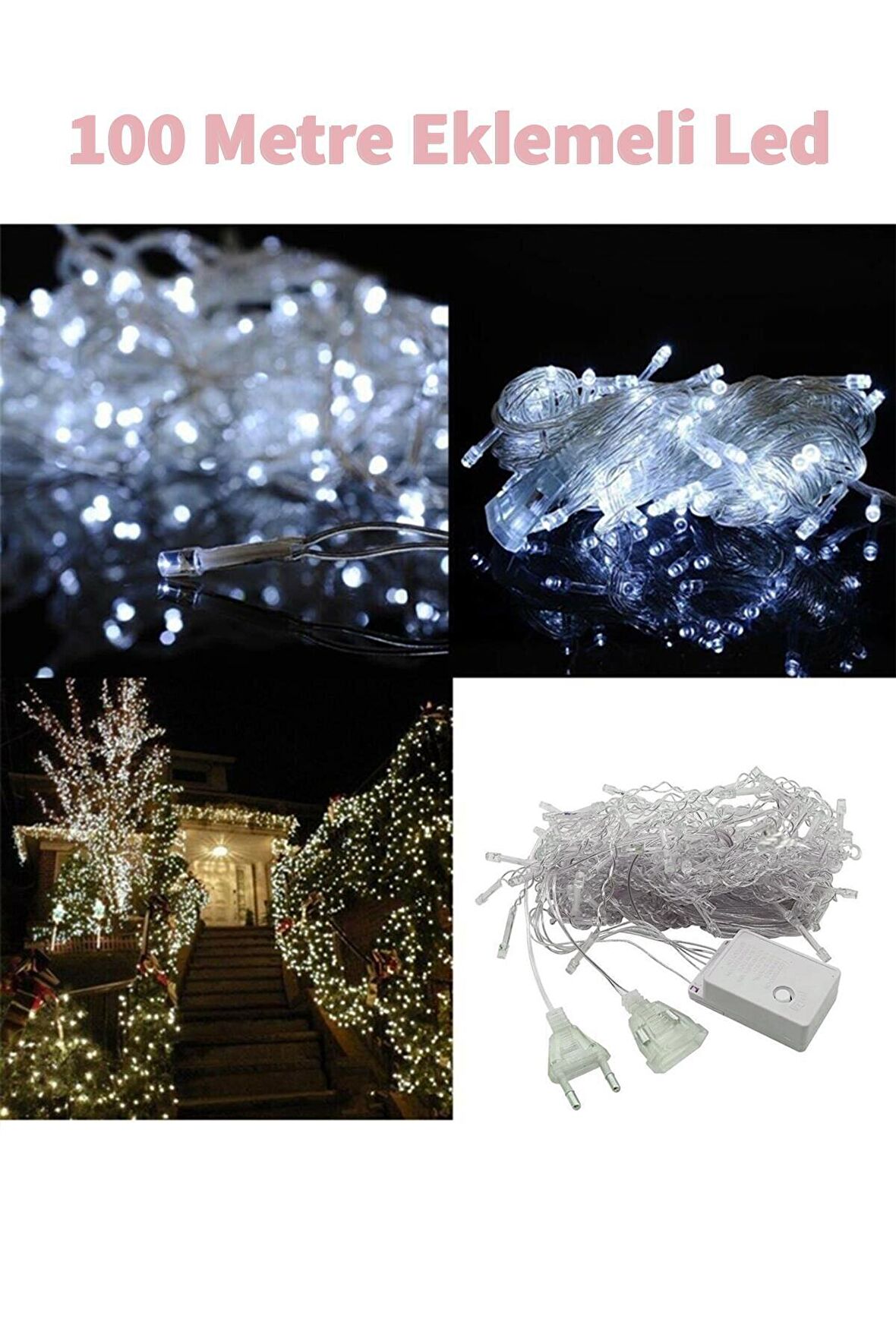 Fonksiyonlu Beyaz 100 Metre Dekor Led - Çam Ağacı Süsü Yılbaşı Süsü - Pirinç Led