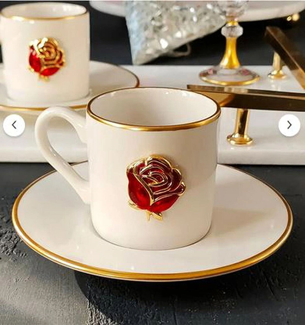 REGNA HOME Fine Living Love Roses 4 Parça 2 Kişilik Yaldızlı Porselen Kahve Fincan Takımı