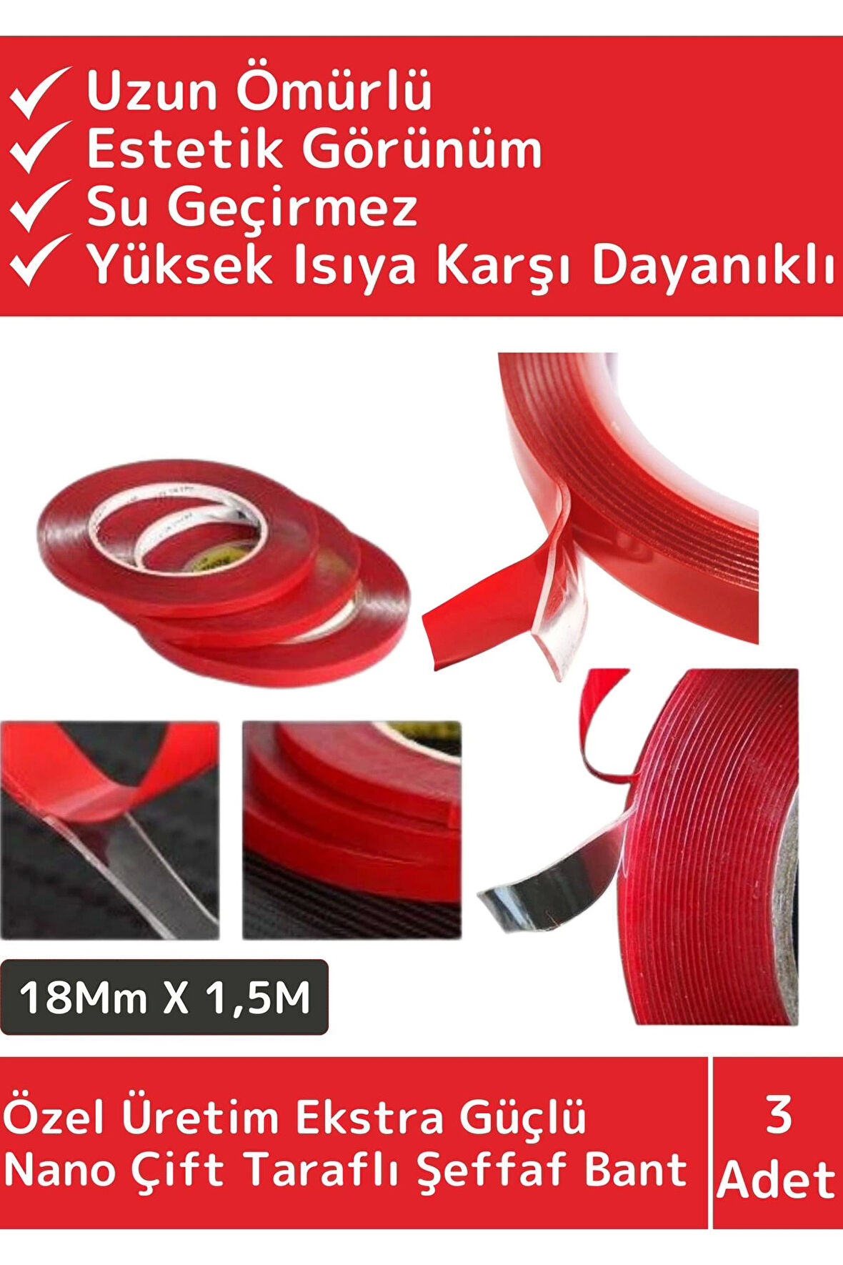 Premium Seri Ultra Güçlü Çok Amaçlı Tamir Cam Dış Mekan Montaj 1,5mt Çift Taraflı Şeffaf Bant 3 Adet