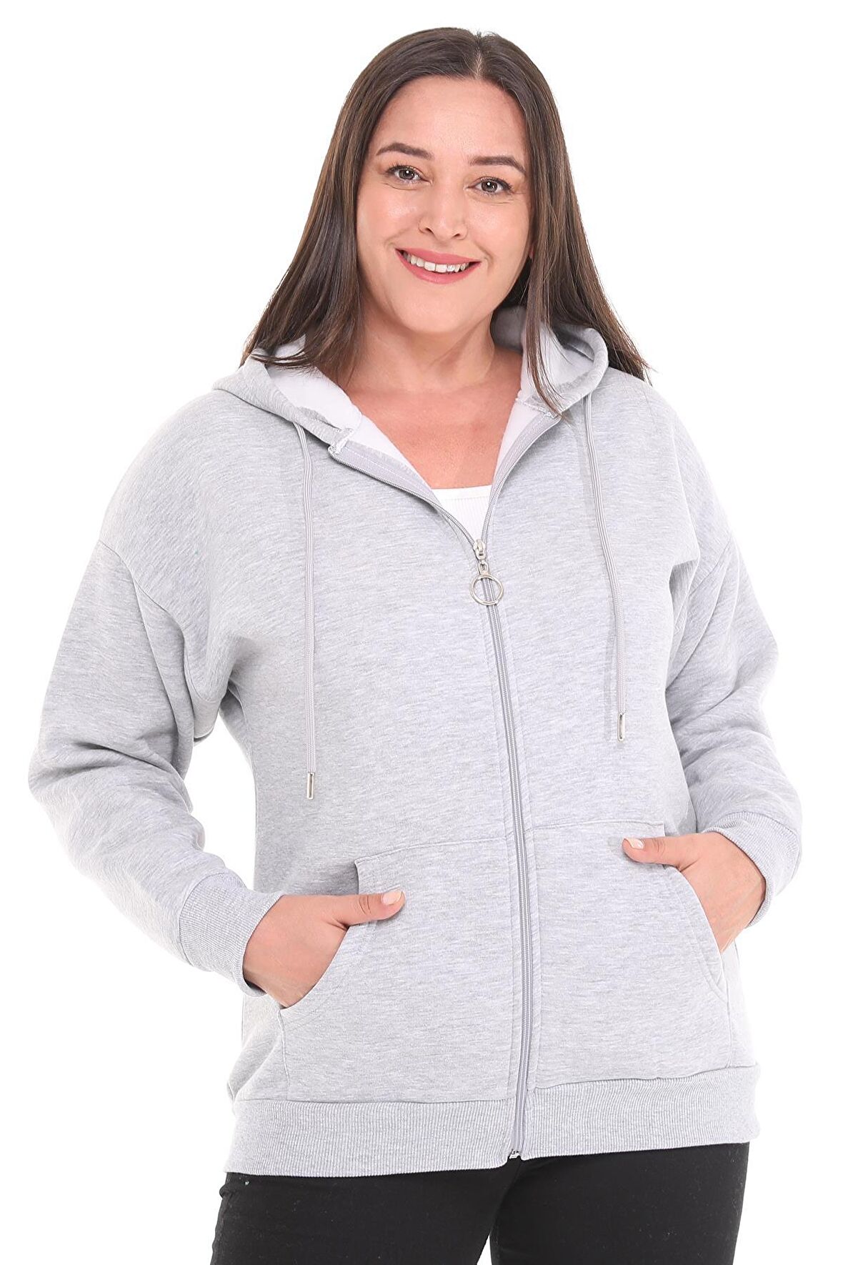 Kadın Büyük Beden Şardonlu Fermuarlı Kalın Gri Sweatshirt