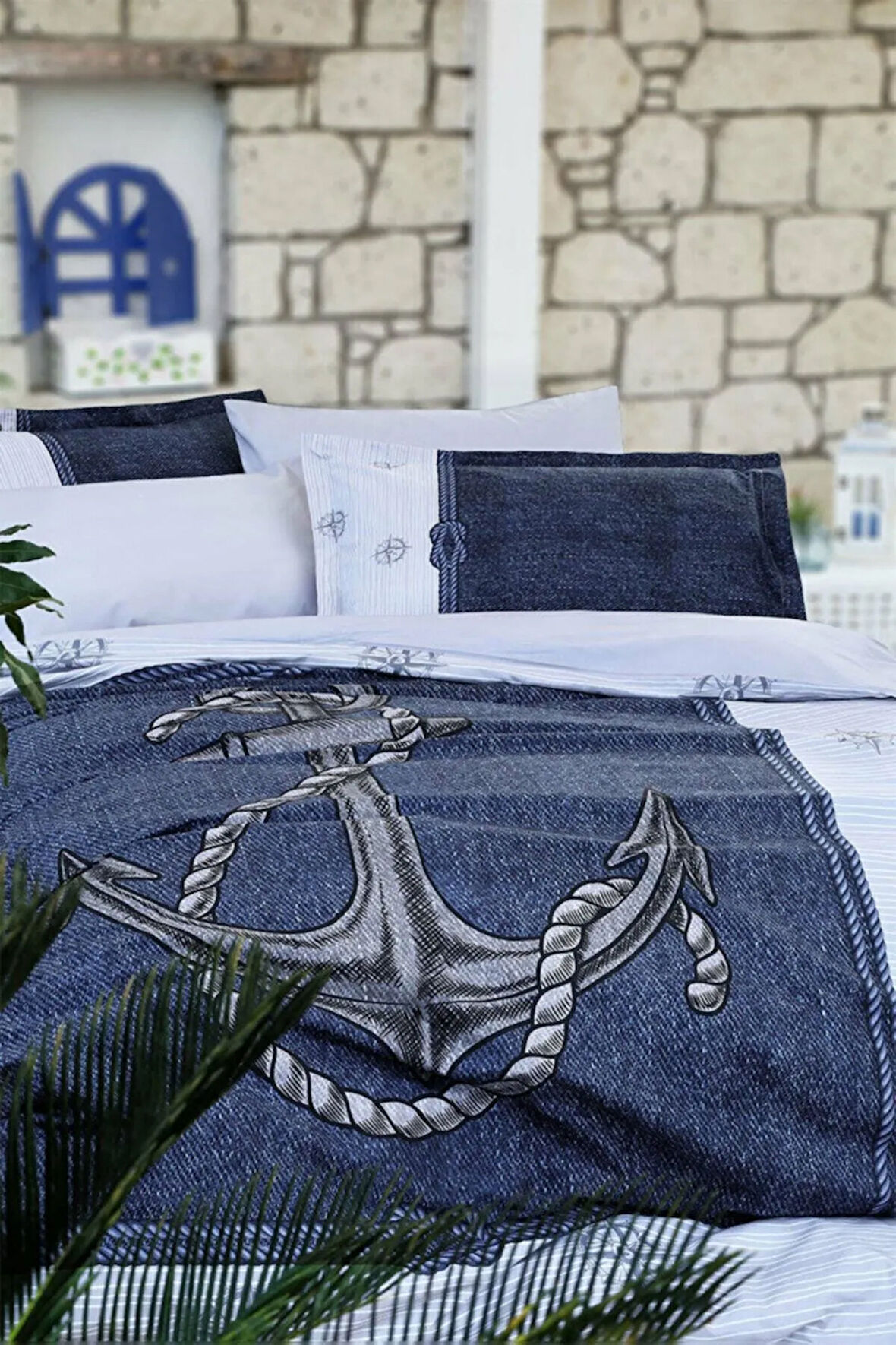 Çarşafı Lastikli Anchor Denim Lacivert Tek Kişilik Pike Takımı