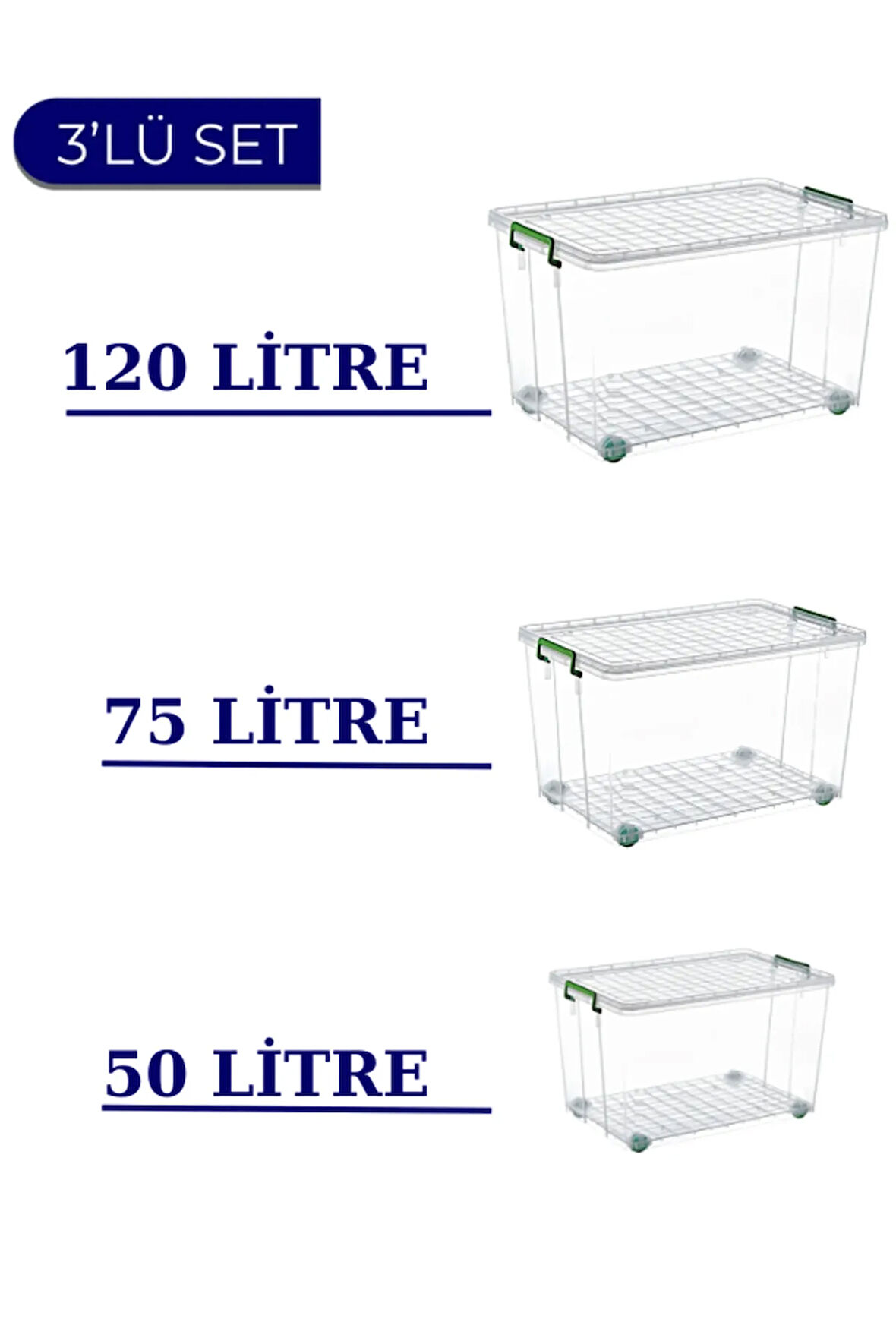 Tekerlekli Saklama Kutusu 3'lü Set 120 Lt - 75 Lt - 50 Lt Ayakkabı/mutfak/banyo Düzenleme