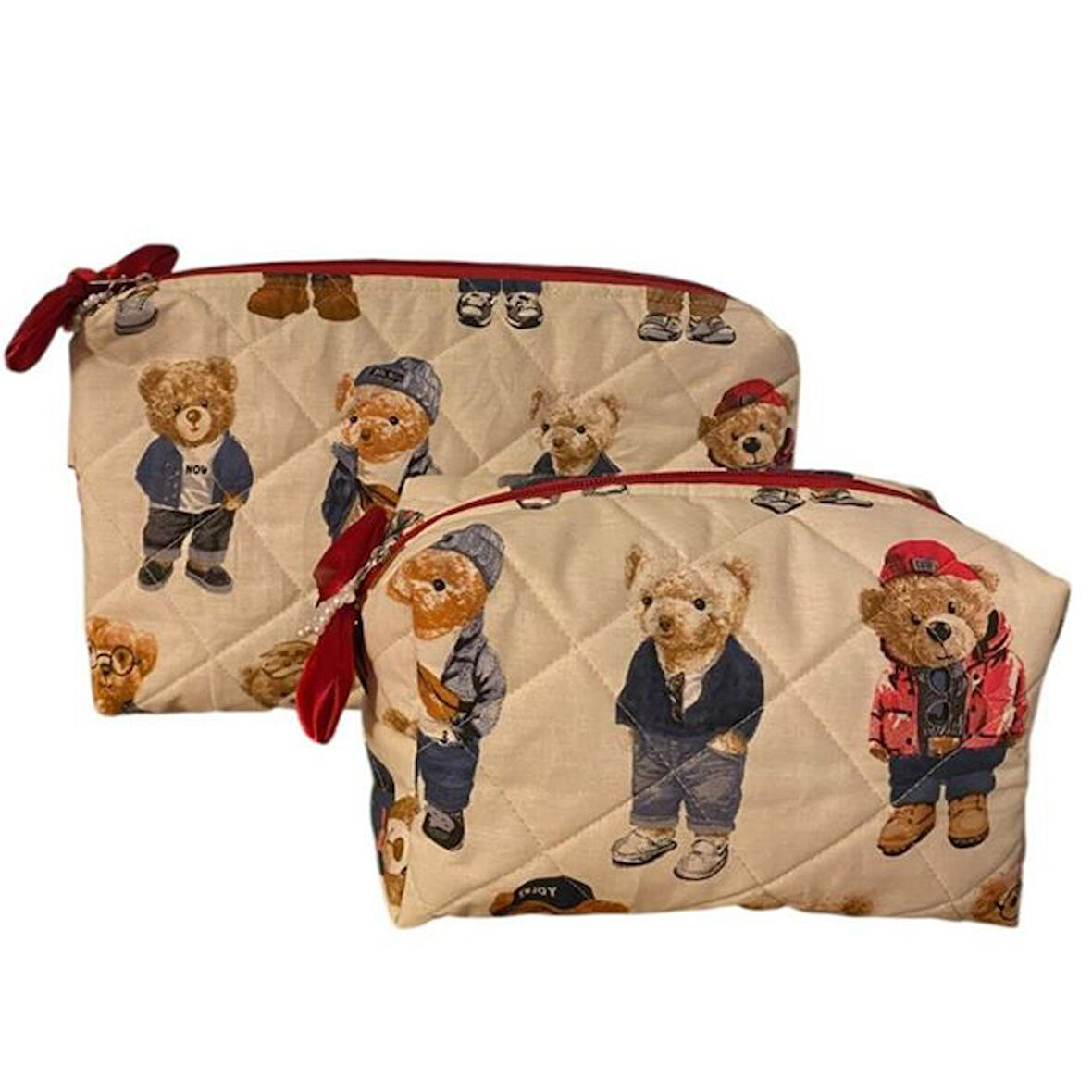 Uretti - Petek 7523  El Yapımı Teddy Bear Temalı 2'li Bakım / Portföy Çantası Seti