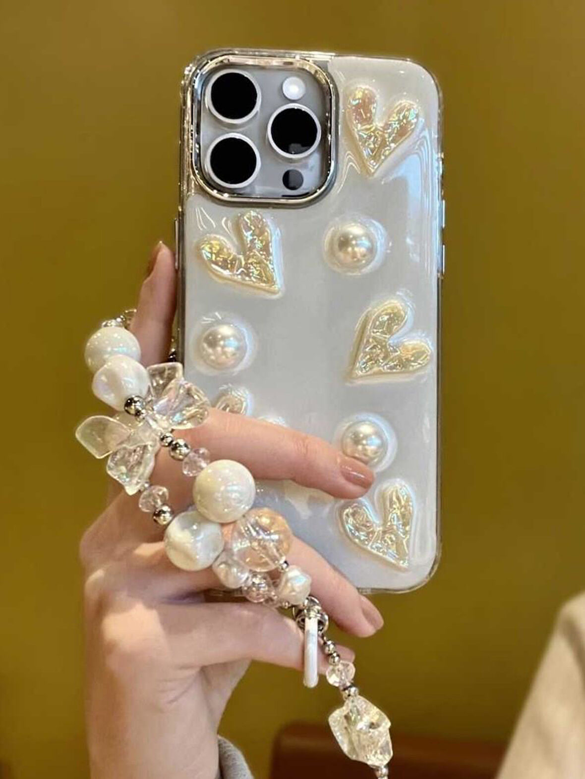 iPhone 14 Pro Uyumlu Lux Işıltılı İnci Charmlı Kalpli Kılıf