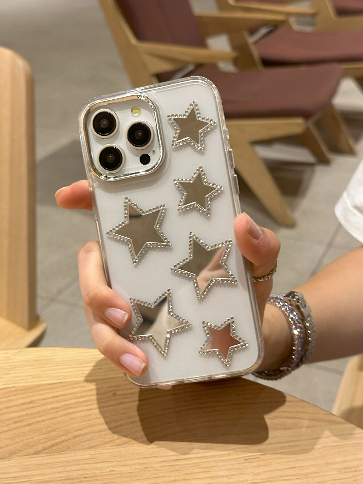 iPhone 14 Pro Max Uyumlu Aynalı Yıldızlı Taşlı Şeffaf Kılıf
