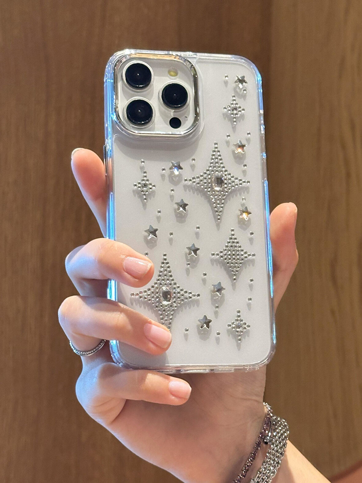 iPhone 14 Pro Max Uyumlu Gümüş Taşlı Kuzey Yıldızı Şeffaf Kılıf