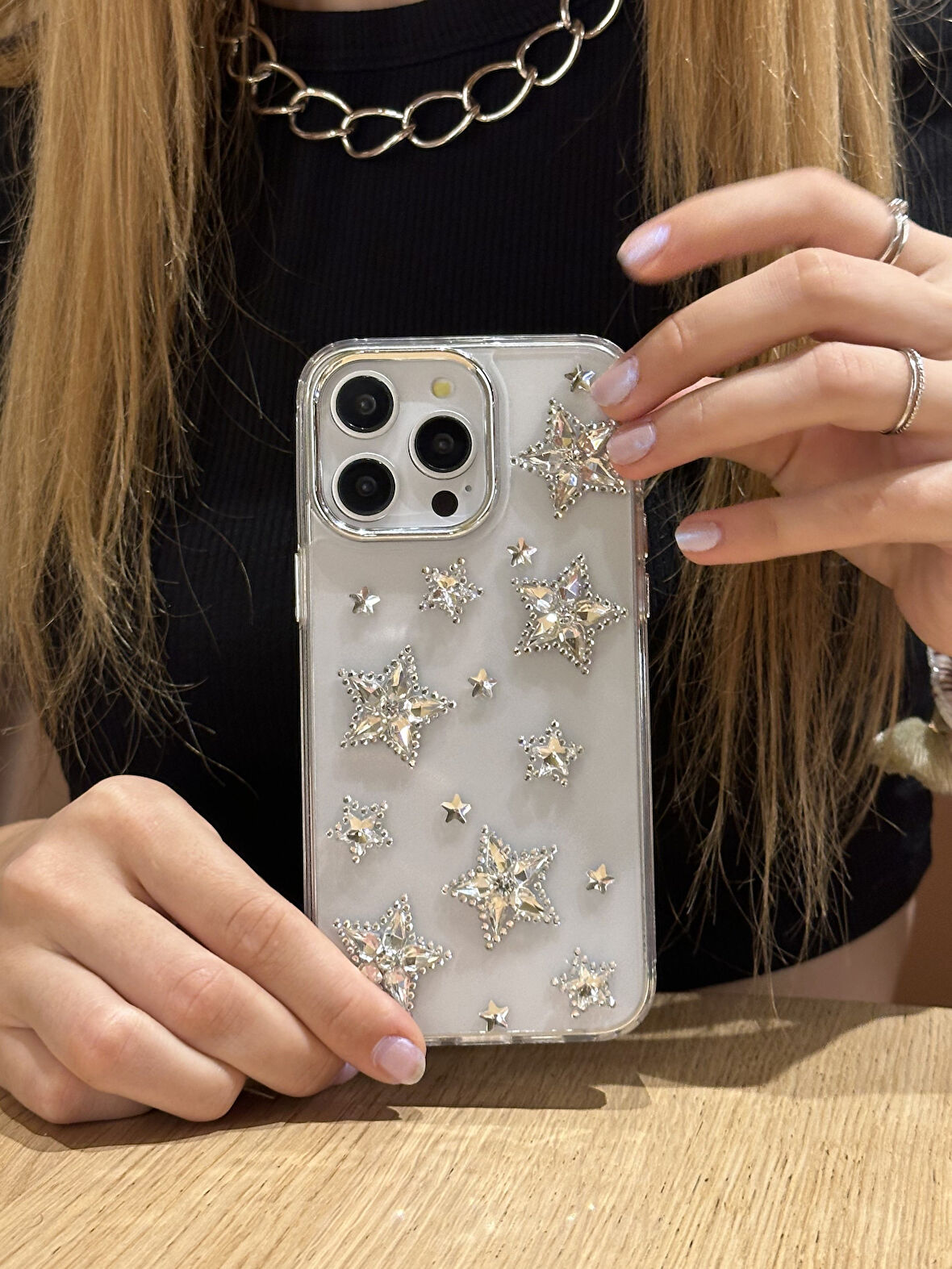 iPhone 15 Pro Max Uyumlu Gümüş Kristal Taşlı Yıldızlı Şeffaf Kılıf