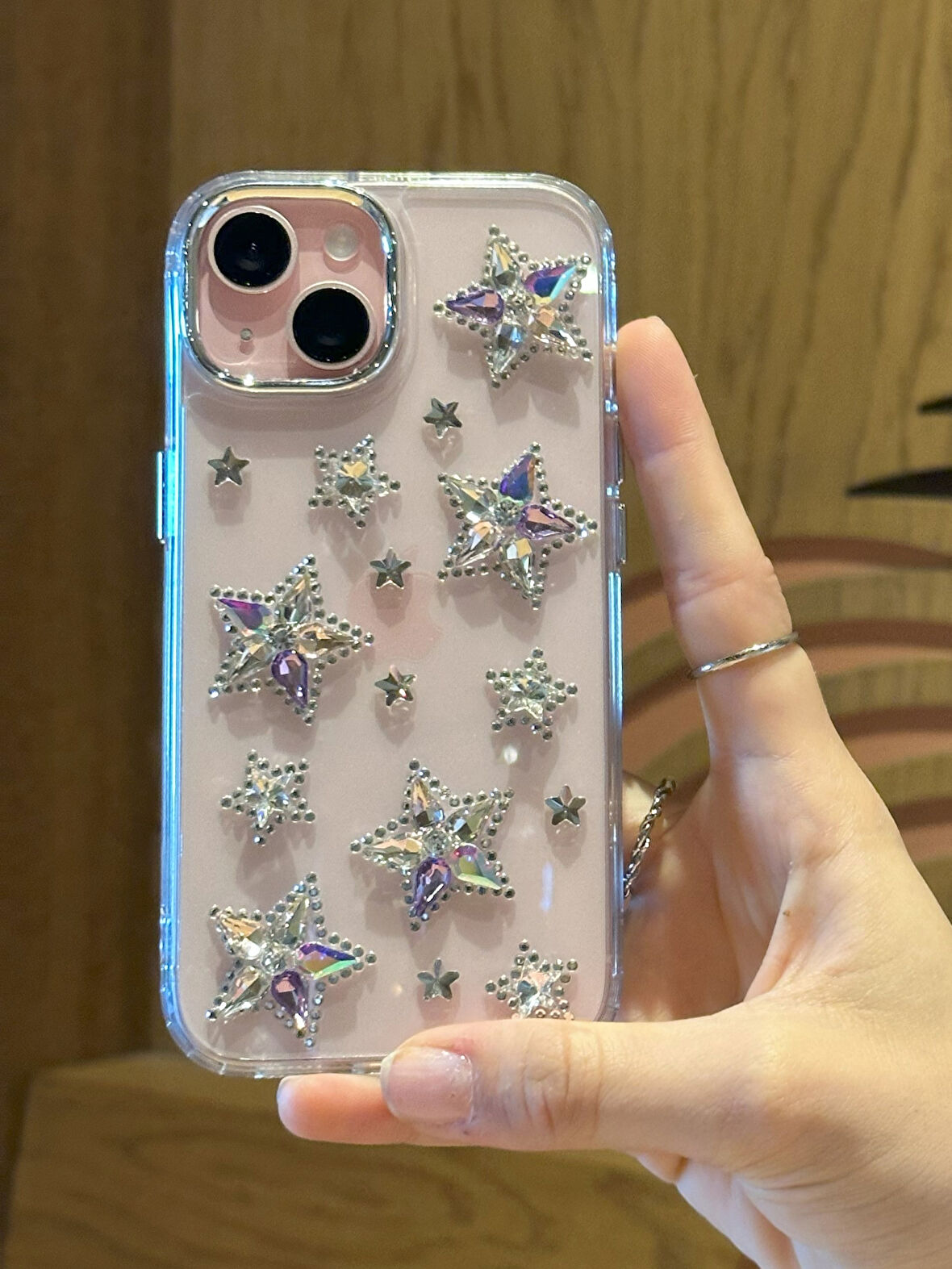 iPhone 14 Plus Uyumlu Renkli Kristal Taşlı Yıldızlı Şeffaf Kılıf