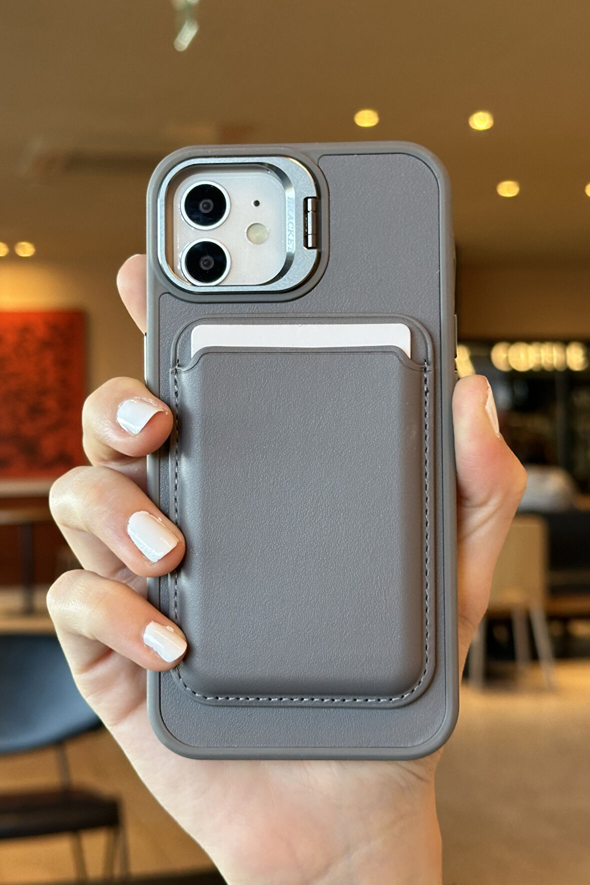 iPhone 11 Uyumlu Premium Titanyum Gri Deri Magsafe Cüzdanlı Kartlıklı Kamera Çerçeve Standlı Kılıf
