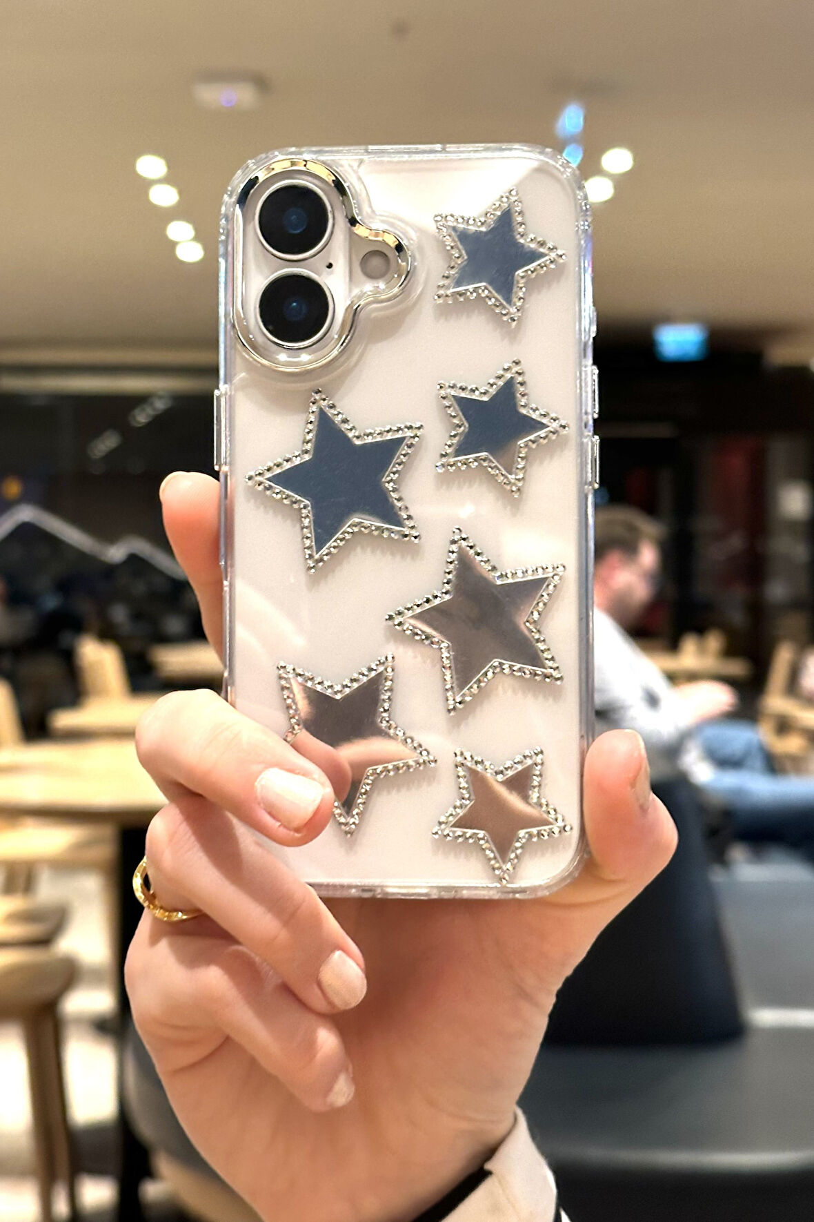 iPhone 16 Uyumlu Aynalı Yıldızlı Taşlı Şeffaf Kılıf