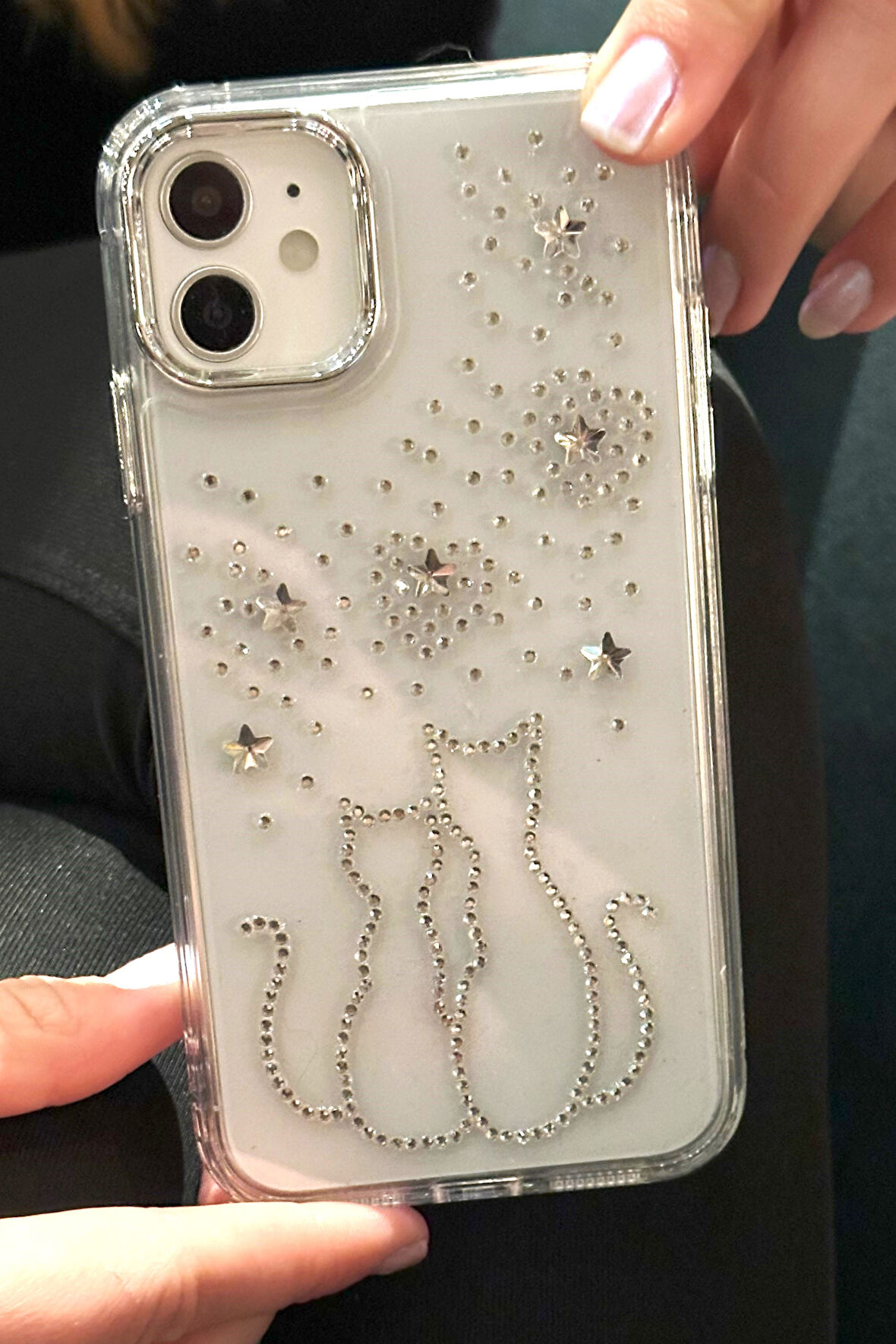 iPhone 11 Uyumlu Taşlı Çift Kedi Desenli Şeffaf Kılıf