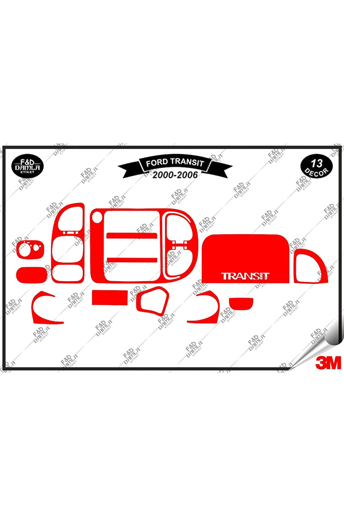 Ford Transit 2000-2006 Torpido Konsol Trim Göğüs Maun Kaplama Set 13 Parça Kırmızı