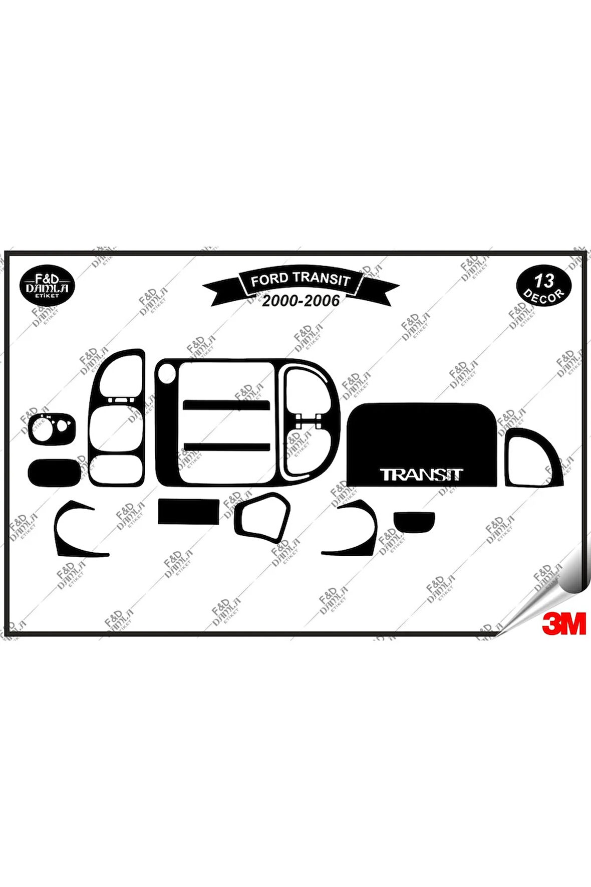 Ford Transit 2000-2006 Torpido Konsol Trim Göğüs Maun Kaplama Set 13 Parça Siyah