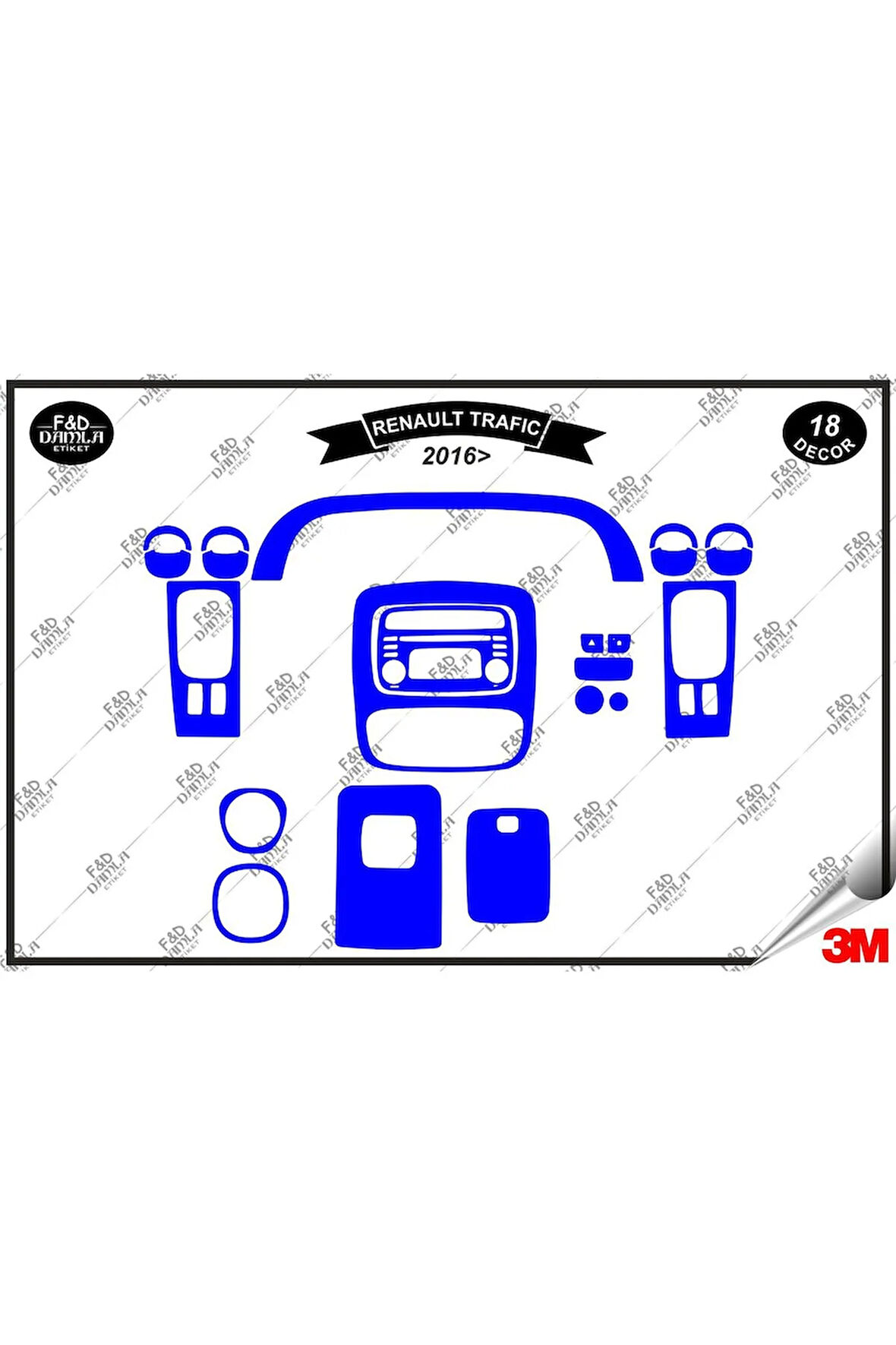Renault Trafic 2016 Torpido Konsol Trim Göğüs Maun Kaplama Set 18 Parça Mavi