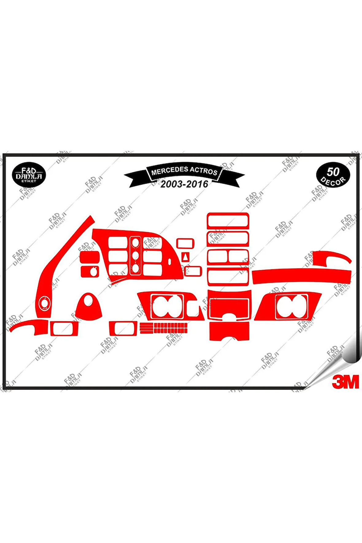 Mercedes Actros 2003-2016 Torpido Konsol Trim Göğüs Maun Kaplama Set 50 Parça Kırmızı