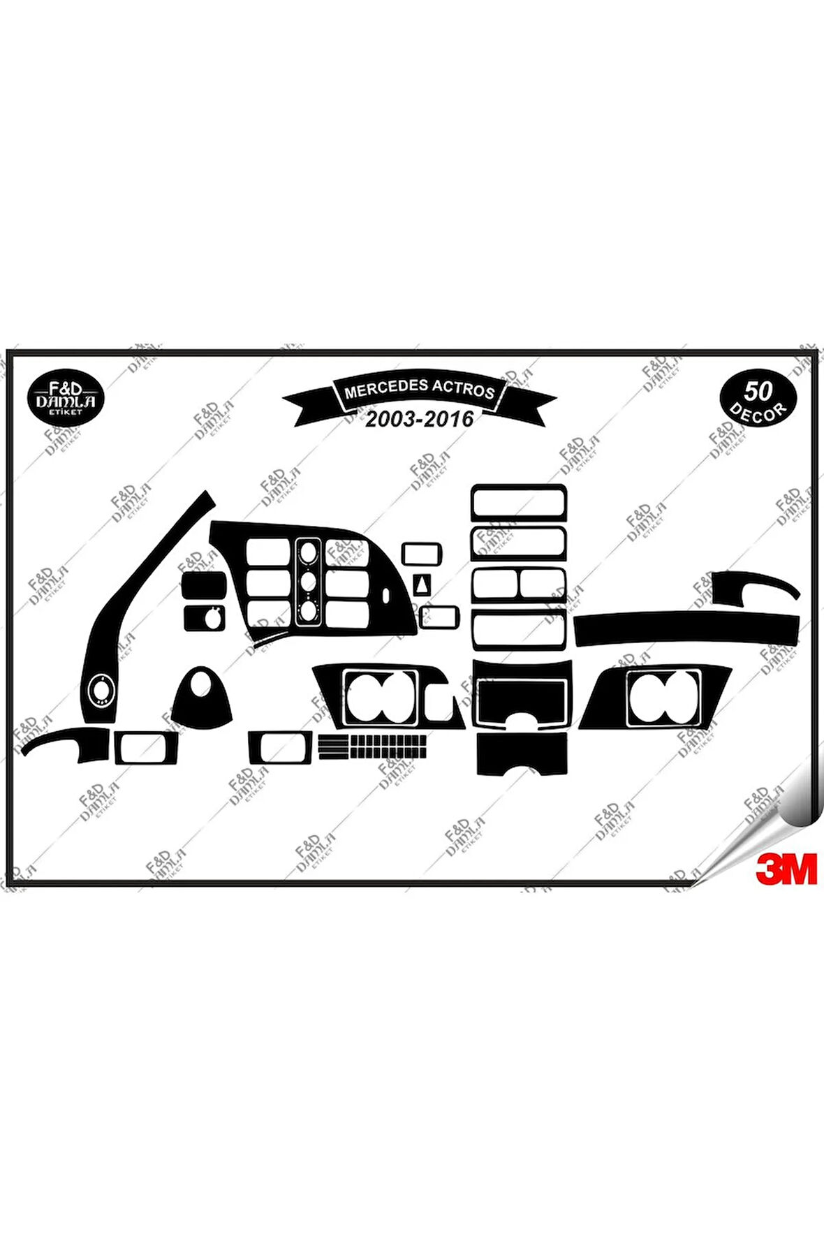 Mercedes Actros 2003-2016 Torpido Konsol Trim Göğüs Maun Kaplama Set 50 Parça Siyah