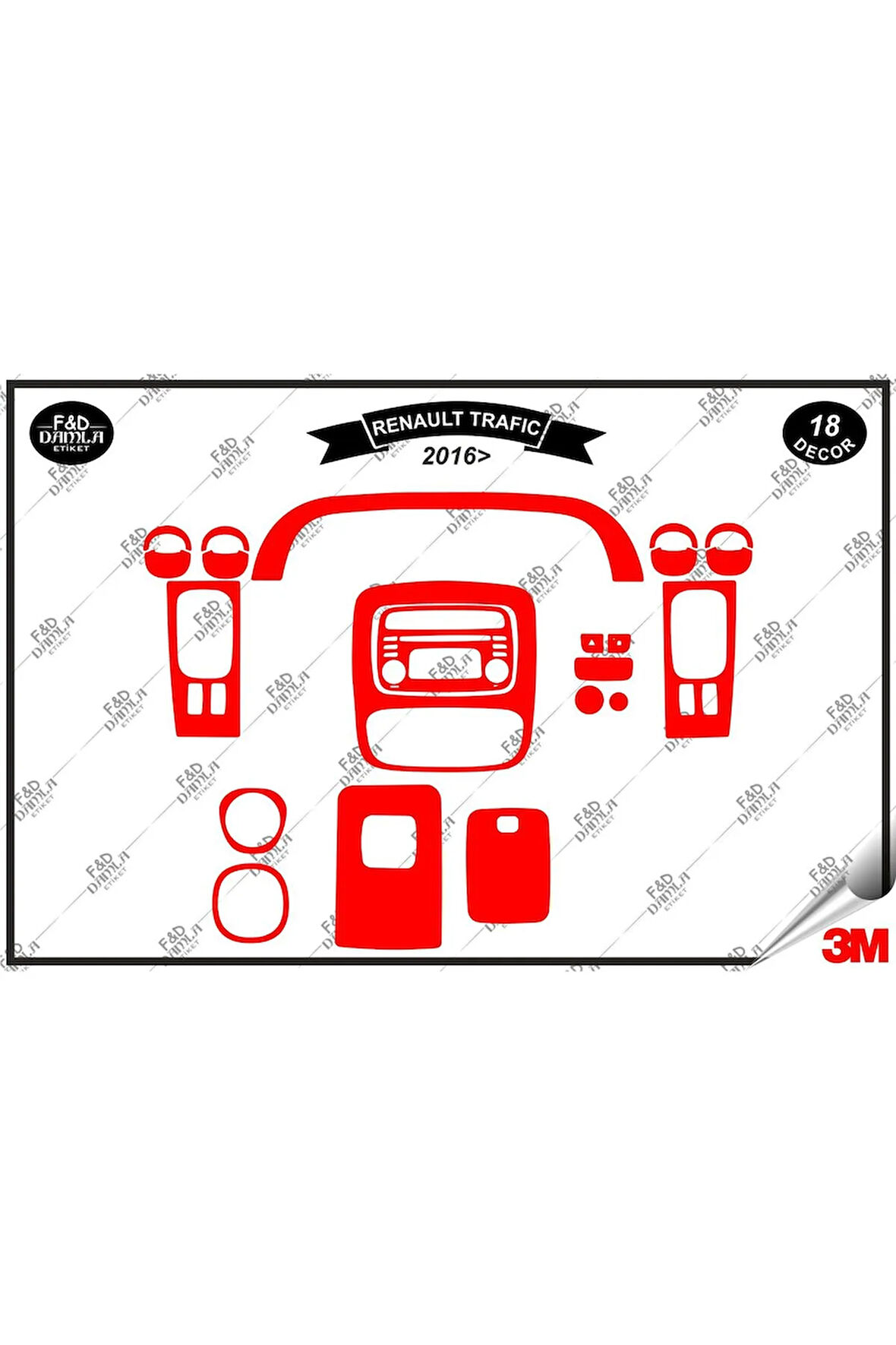 Renault Trafic 2016 Torpido Konsol Trim Göğüs Maun Kaplama Set 18 Parça Kırmızı