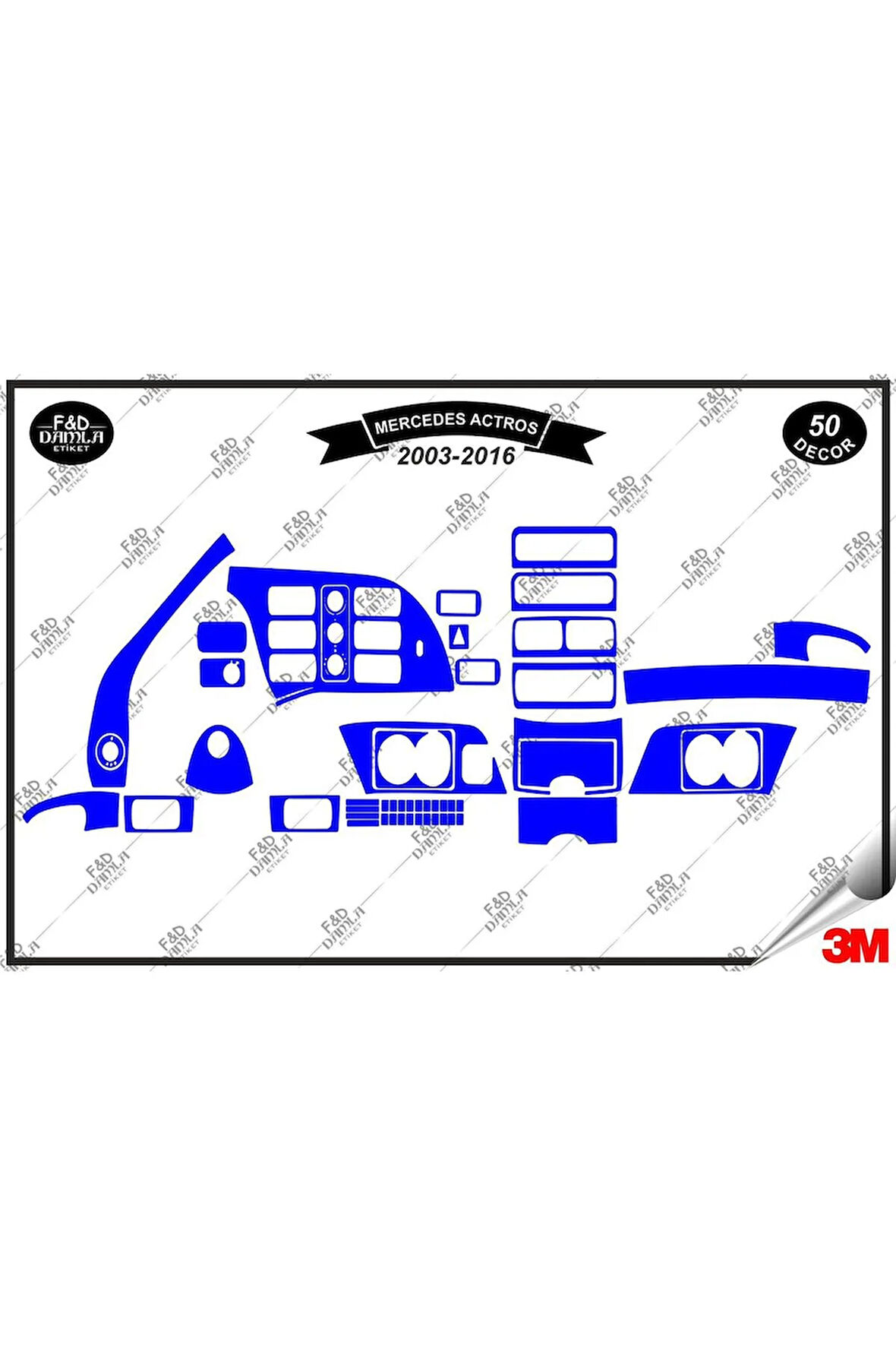 Mercedes Actros 2003-2016 Torpido Konsol Trim Göğüs Maun Kaplama Set 50 Parça Mavi