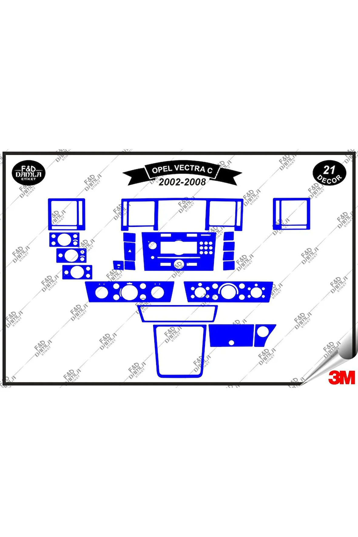 Opel Vectra C 2002-2008 Torpido Konsol Trim Göğüs Maun Kaplama Set 21 Parça Mavi