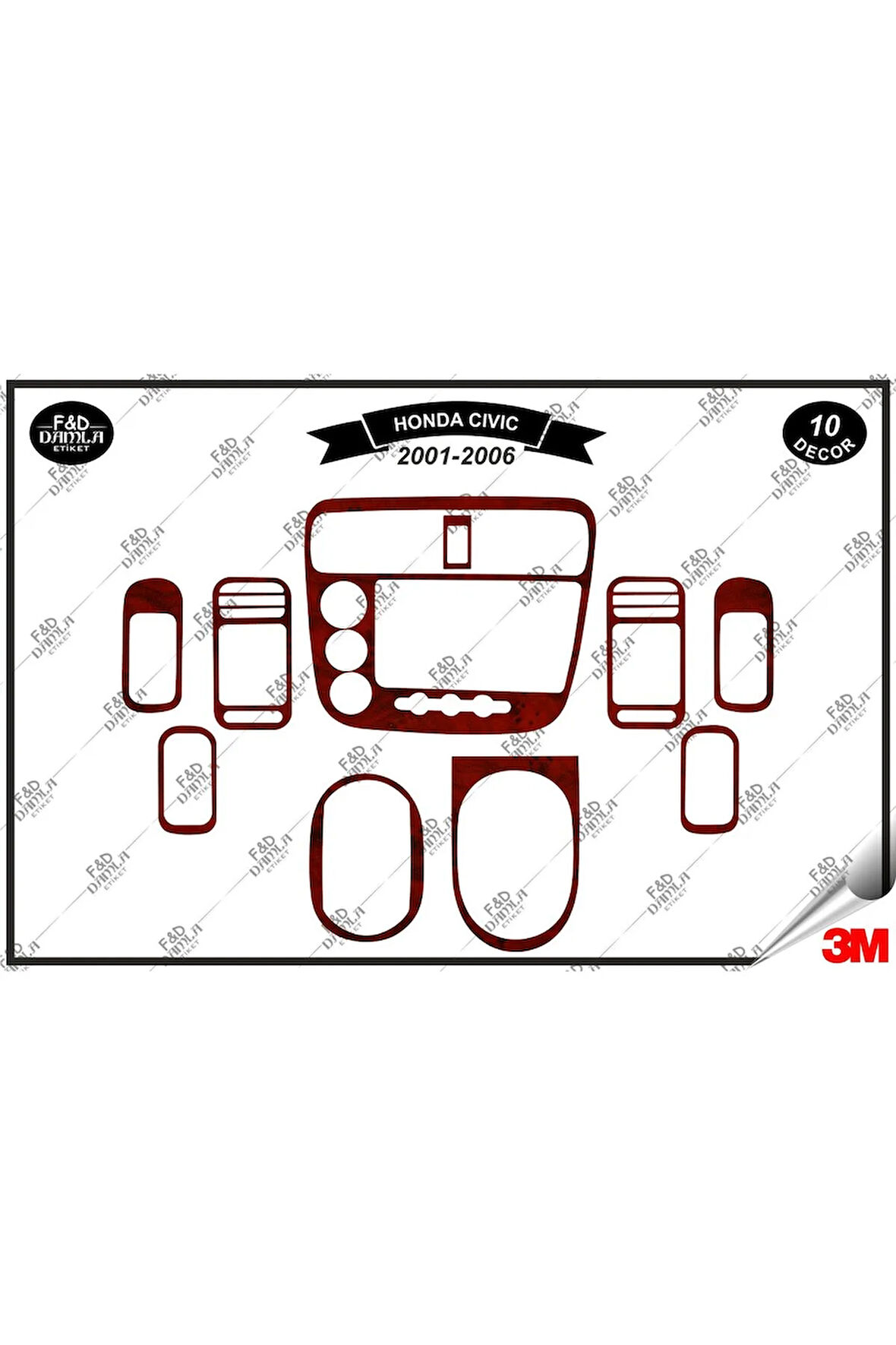 Honda Civic Ls Manuel 2001- 2006 Torpido Konsol Trim Göğüs Maun Kaplama Set 10 Parça Maun