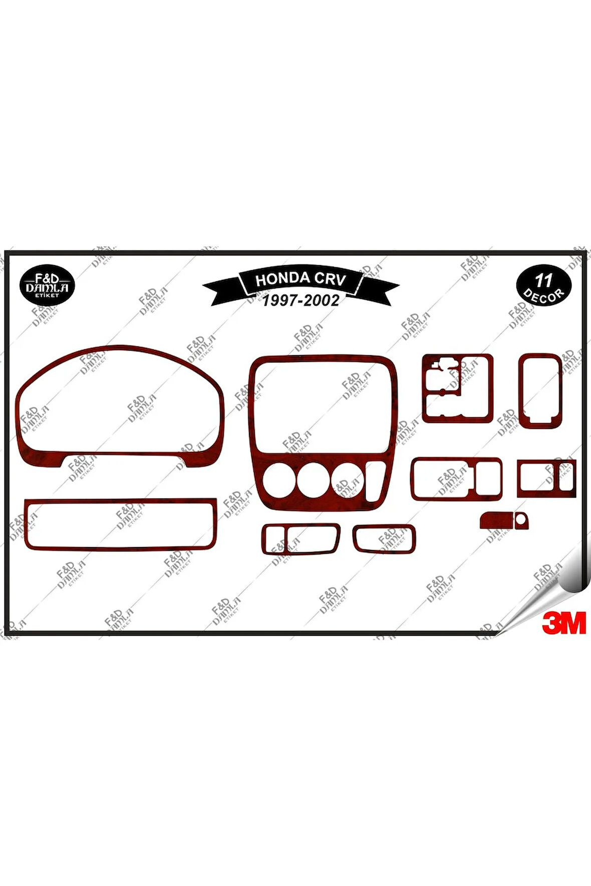 Honda CRV 1997-2002 Torpido Konsol Trim Göğüs Maun Kaplama Set 11 Parça Maun