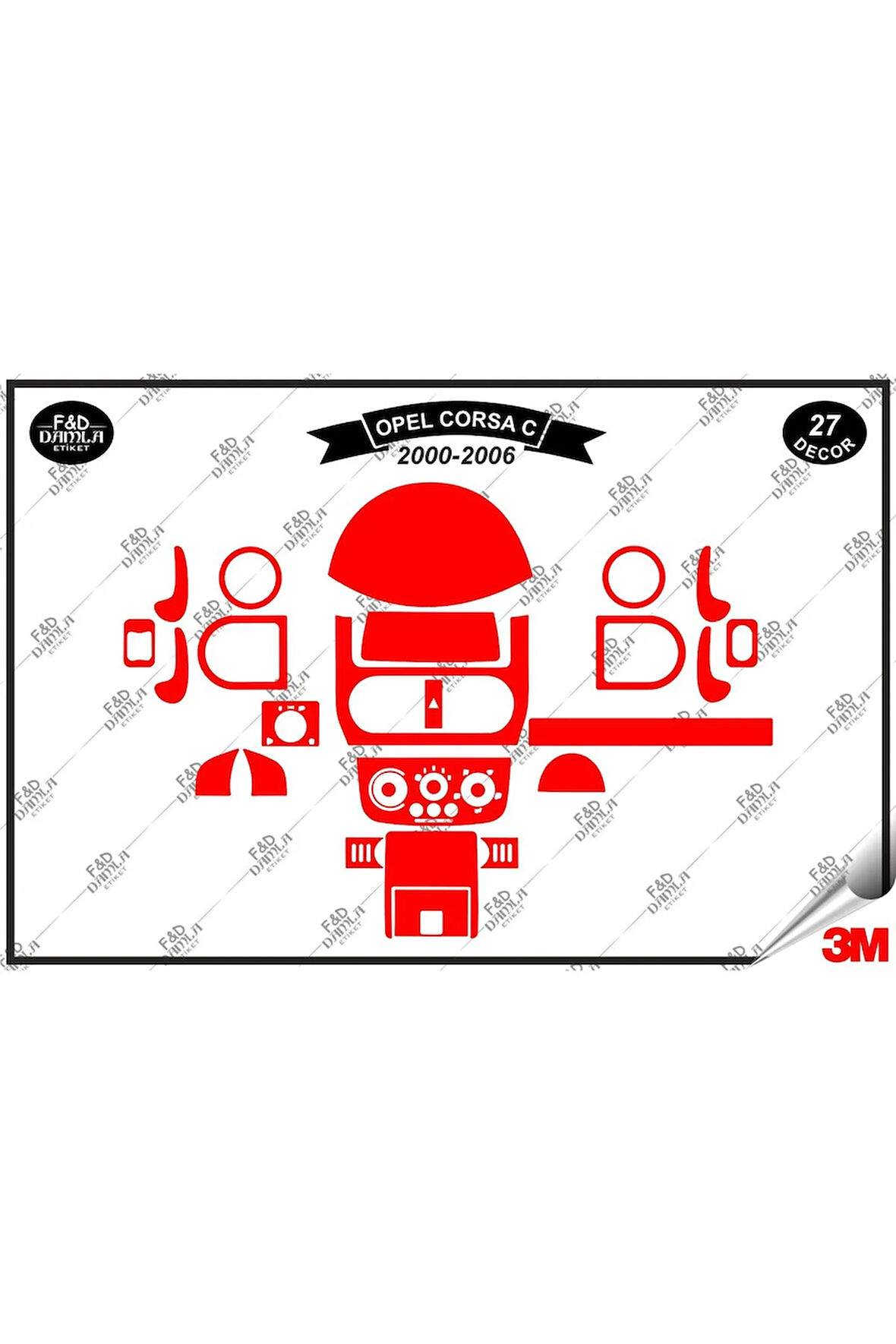 Opel Corsa C 2000-2006 Torpido Konsol Trim Göğüs Maun Kaplama Set 27 Parça Kırmızı