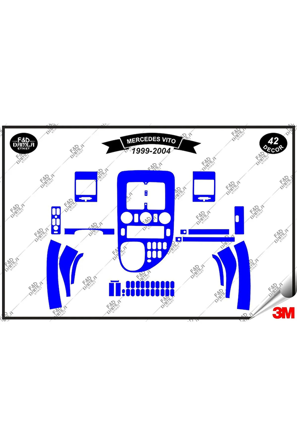 Mercedes Vito 1999-2004 Torpido Konsol Trim Göğüs Maun Kaplama Set 42 Parça Mavi