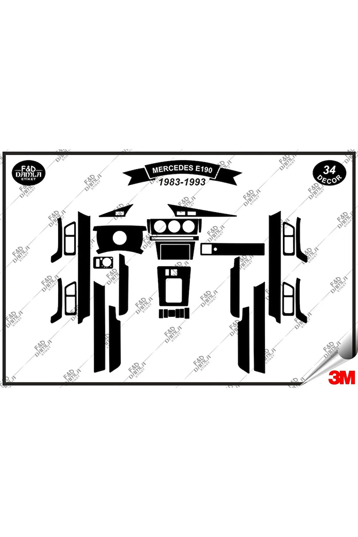 Mercedes E-190  1983-1993 Torpido Konsol Trim Göğüs Maun Kaplama Set 34 Parça Siyah