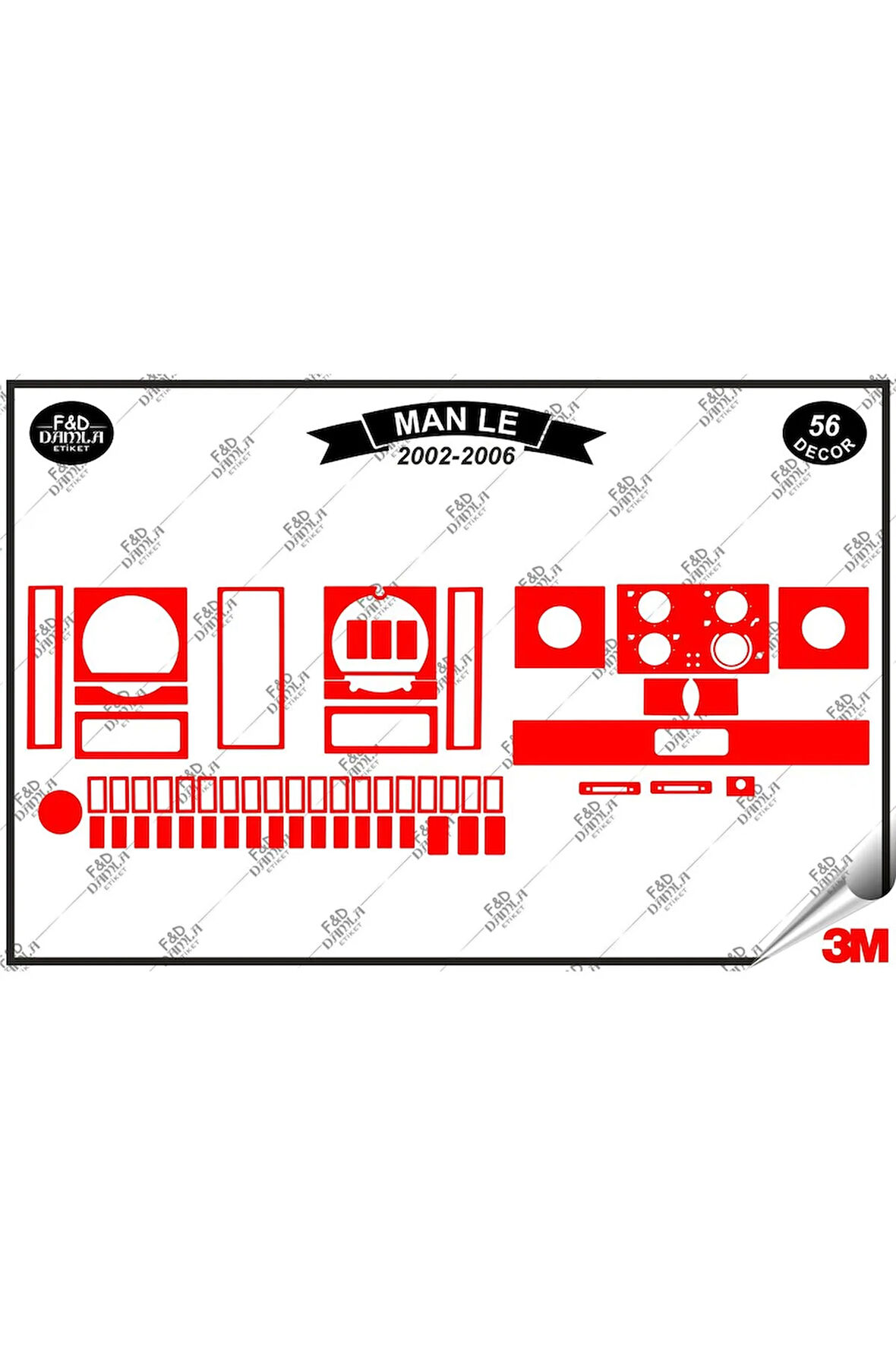 Man LE 2002-2006 Torpido Konsol Trim Göğüs Maun Kaplama Set 56 Parça Kırmızı