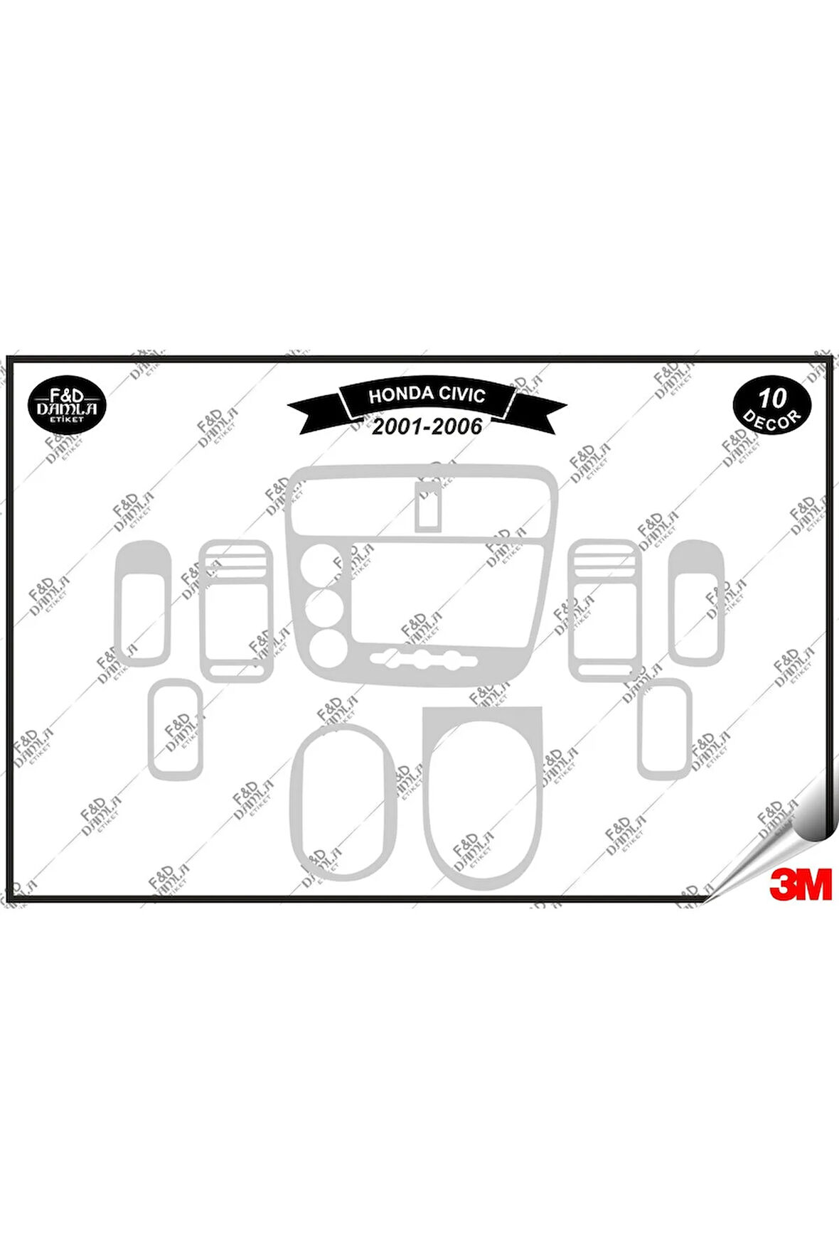 Honda Civic LS Manuel  2001- 2006 Torpido Konsol Trim Göğüs Maun Kaplama Set 10 Parça Gümüş
