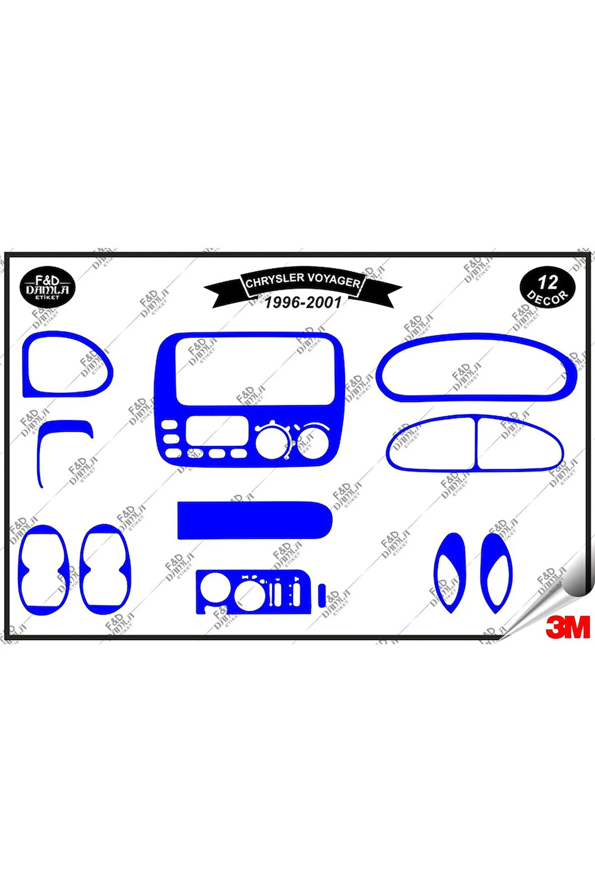 Chrysler Voyager 1996-2001 Torpido Konsol Trim Göğüs Maun Kaplama Set 12 Parça Mavi