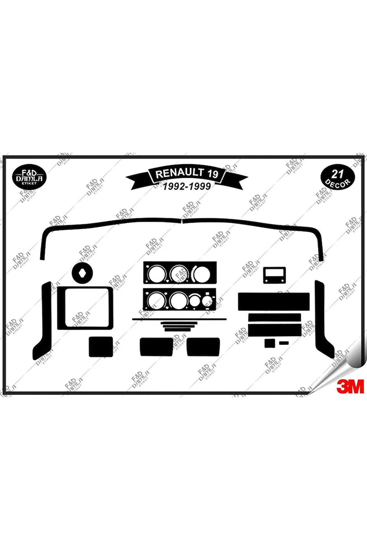 Renault 19 1992-1999 Torpido Konsol Trim Göğüs Maun Kaplama Set 21 Parça Siyah