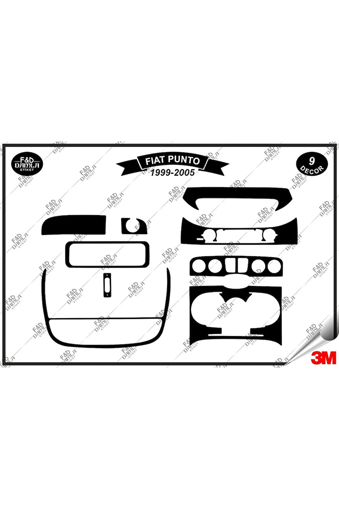 Fiat Punto 1999-2005 Torpido Konsol Trim Göğüs Maun Kaplama Set 9 Parça Siyah