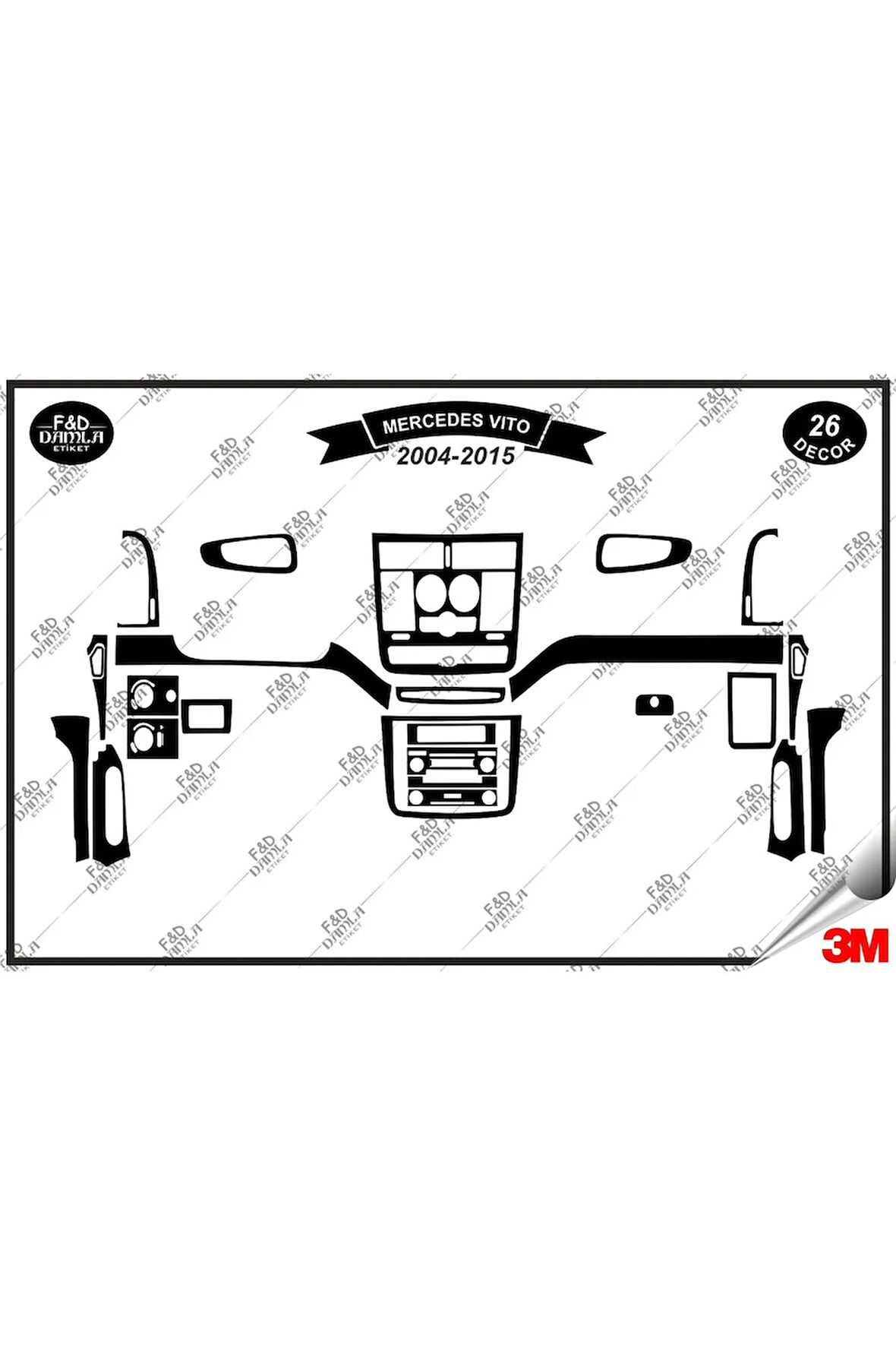 Mercedes Vito 2004-2015 Torpido Konsol Trim Göğüs Maun Kaplama Set 26 Parça Siyah