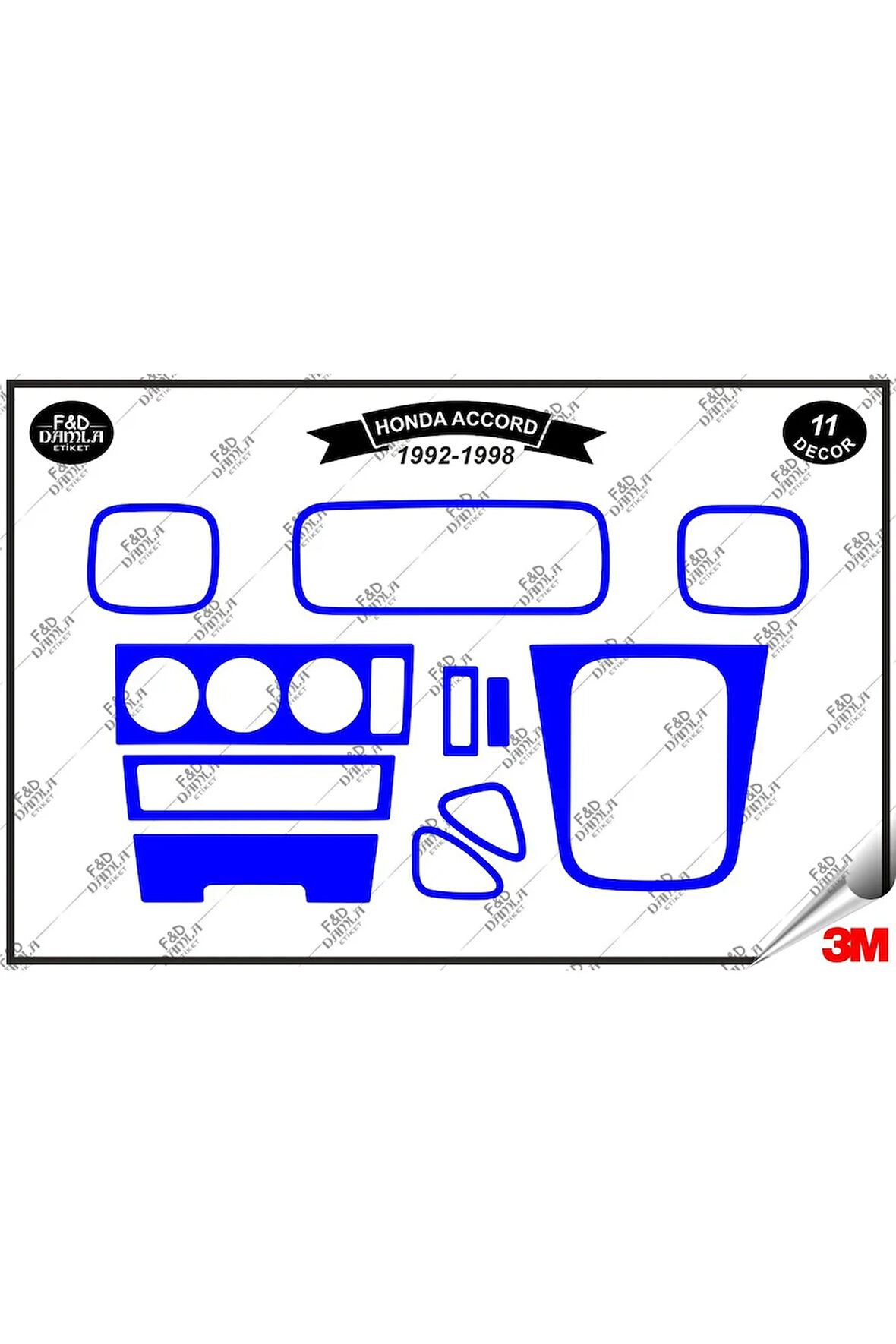 Honda Accord 1992-1998 Torpido Konsol Trim Göğüs Maun Kaplama Set 11 Parça Mavi
