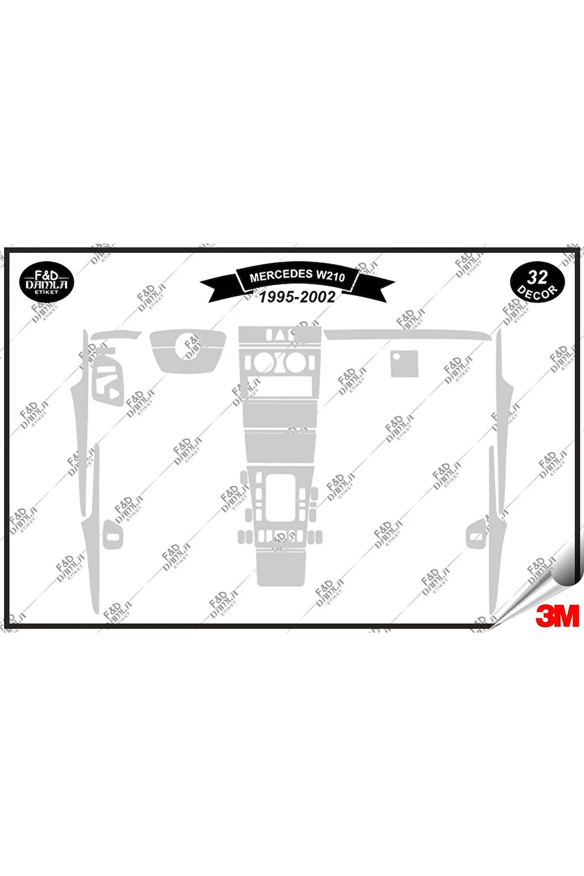Mercedes W 210 1995-2002 Torpido Konsol Trim Göğüs Maun Kaplama Set 32 Parça Gümüş