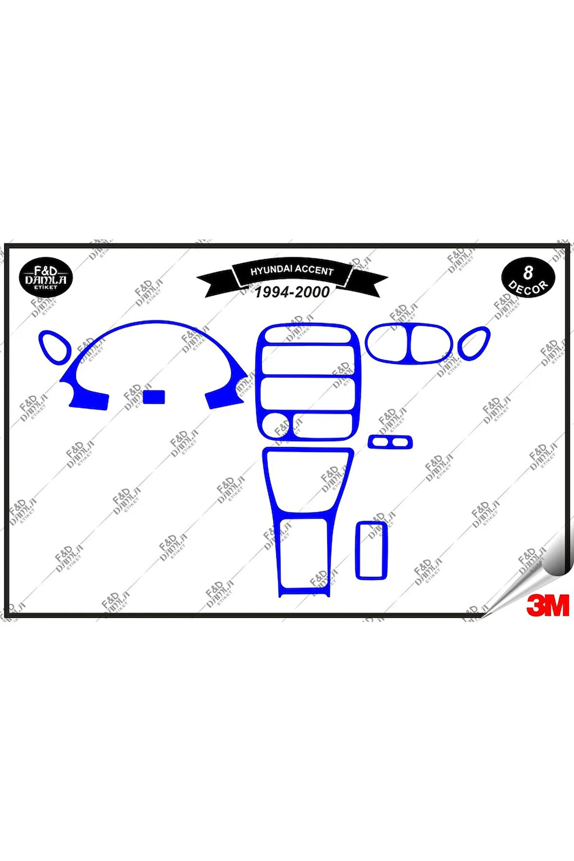 Hyundai Accent 1994-2000 Torpido Konsol Trim Göğüs Maun Kaplama Set 8 Parça Mavi