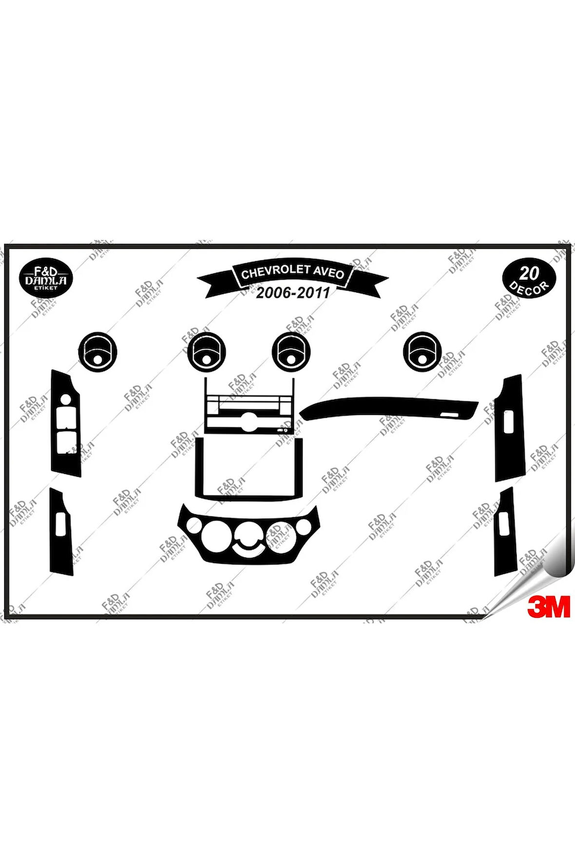 Chavrolet Aveo 2006-2011 Torpido Konsol Trim Göğüs Maun Kaplama Set 20 Parça Siyah