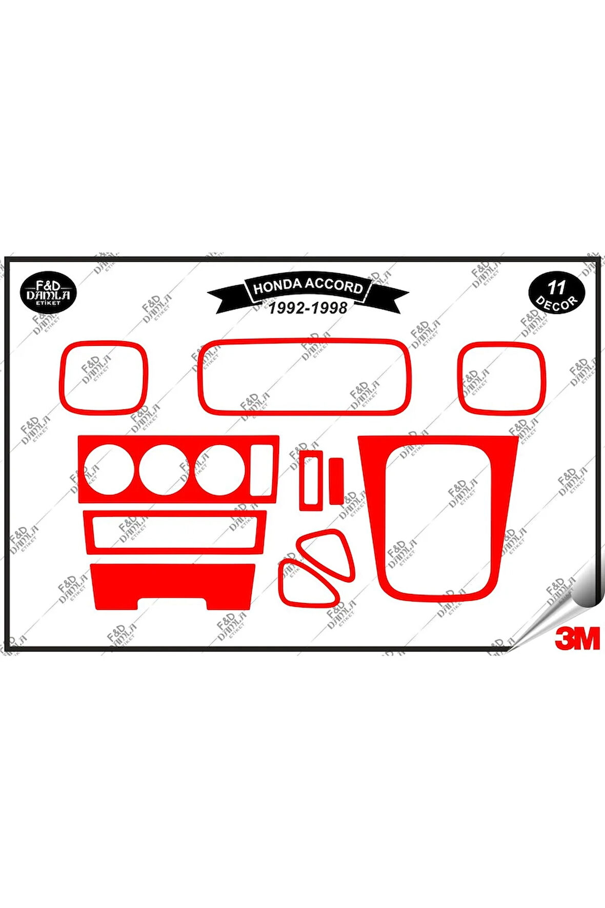Honda Accord 1992-1998 Torpido Konsol Trim Göğüs Maun Kaplama Set 11 Parça Kırmızı